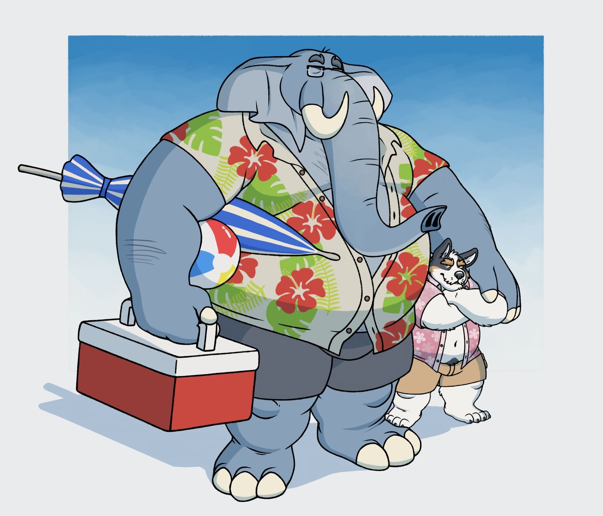 Elephant Rus and Felix dressed for a day at the beach while on holiday. Though Felix isn't too excited about the fact that having his husband as an elephant makes him look even smaller in comparison.