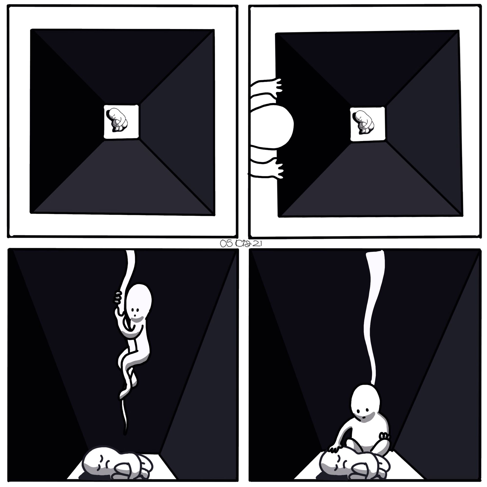 A 4-panel comic.
Panel 1 shows a person in the foetal position at the bottom of a dark pit.
Panel 2, someone is looking over the edge at them.
Panel 3, they are climbing down a rope into the pit.
Panel 4, they are sitting with the first person, stroking their face.