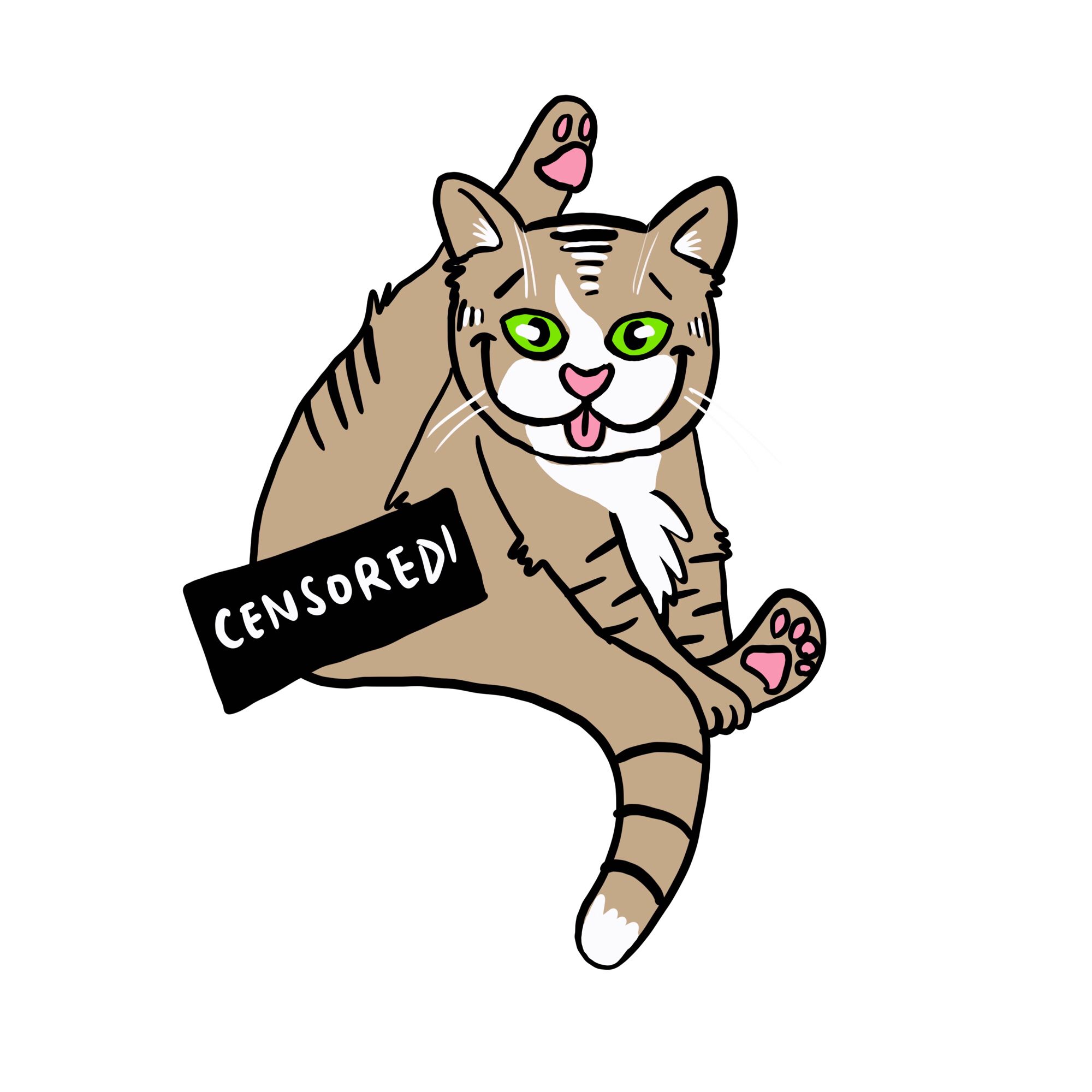 A cartoon of a cat, one leg behind its head, washing its bum. The cat is smiling broadly. It has a censored sticker over its bum.