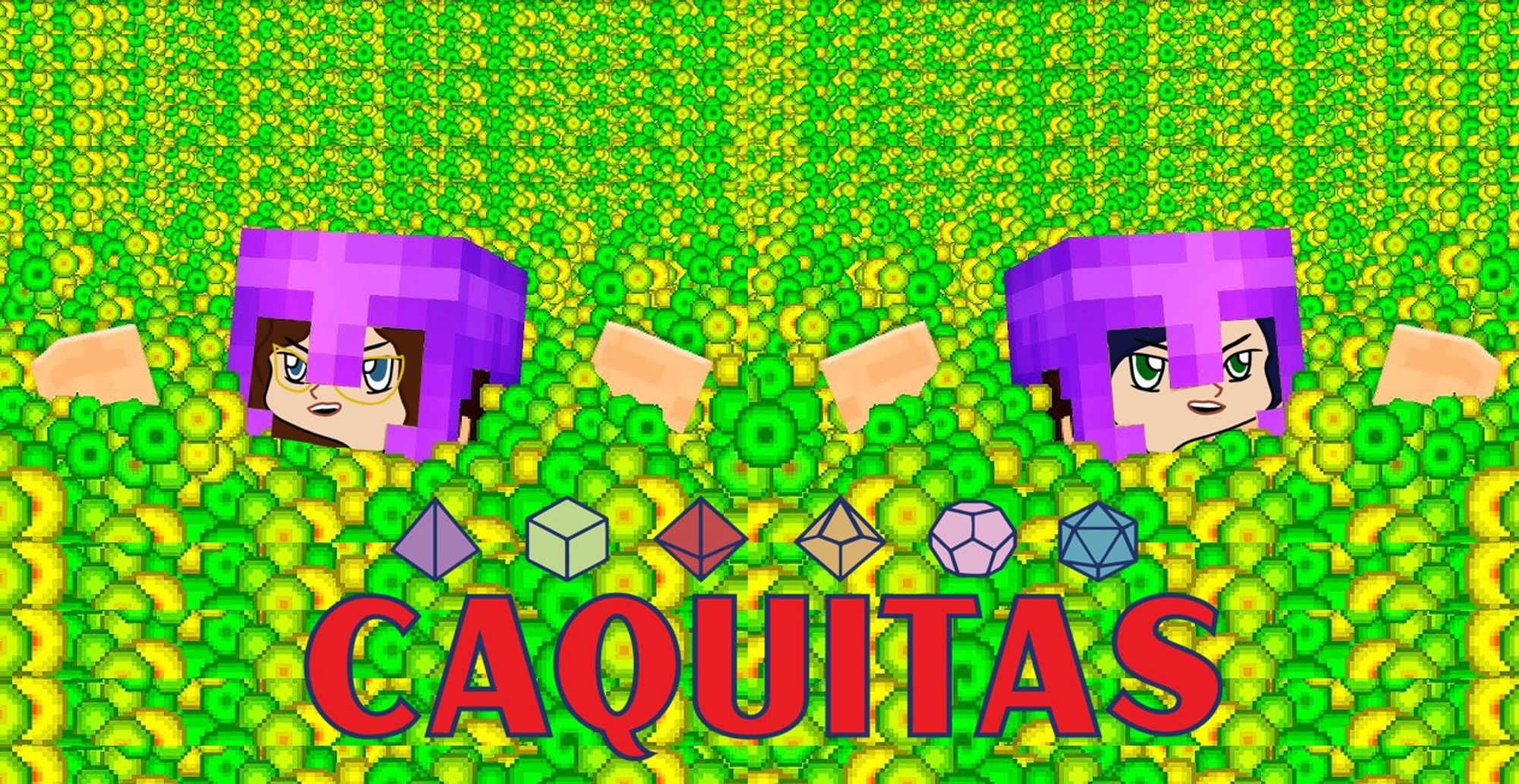 Bonequinhas do Minecraft da Paula e da Renata flutuando num mar de bolinhas verdes e amarelas de pontos de experiência. Logo do Caquitas na parte inferior.