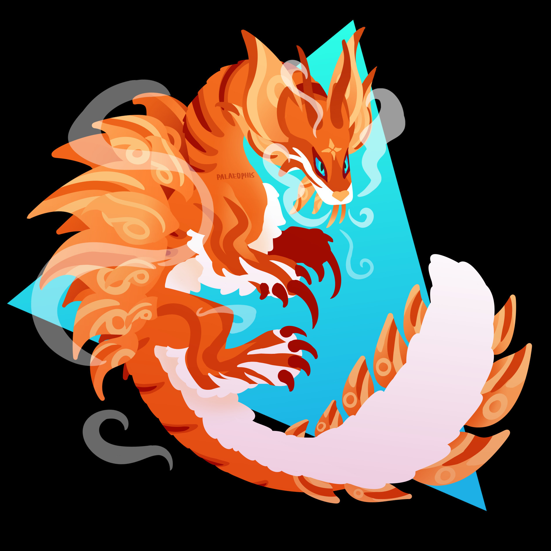 A lineless drawing of a Monster Hunter Mizutsune, a long and slender foxlike monster with scales, fur, and many frills. This one is colored in bright orange and white, and plumes of steam surround him.