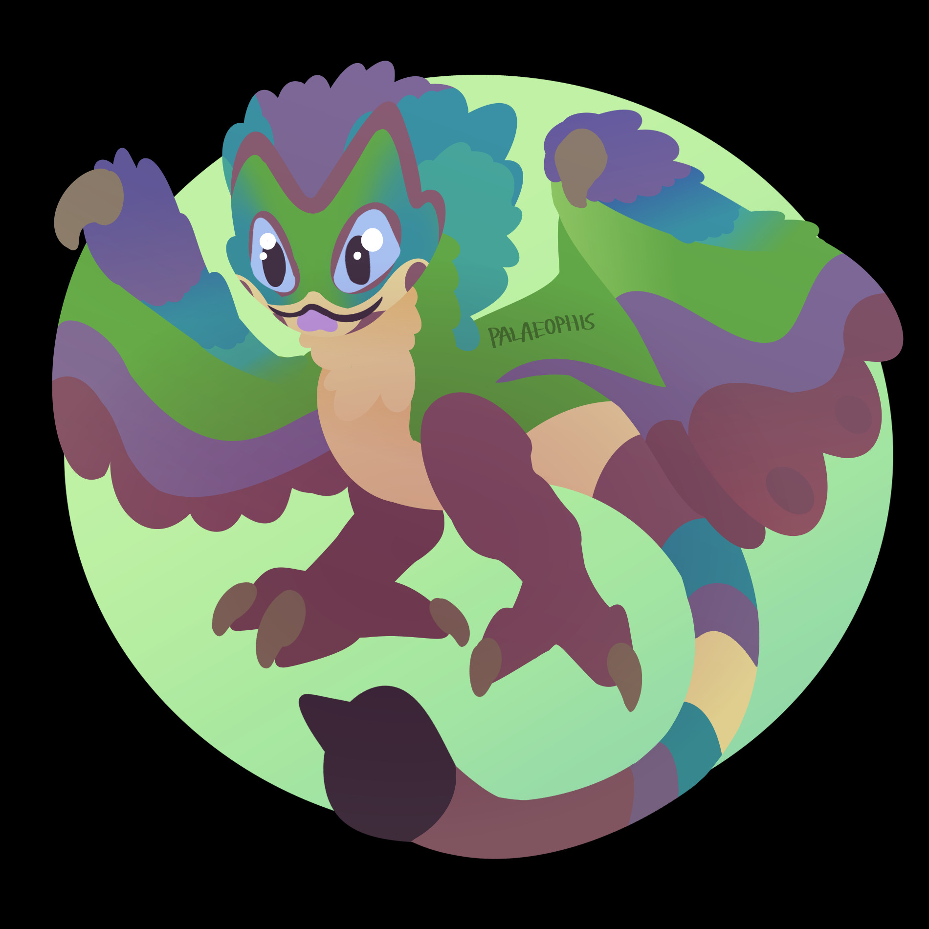 A lineless drawing of a Monster Hunter Pukei-Pukei, a feathered wyvern with froglike and birdlike traits. This one is colored in green, teal, and purple.