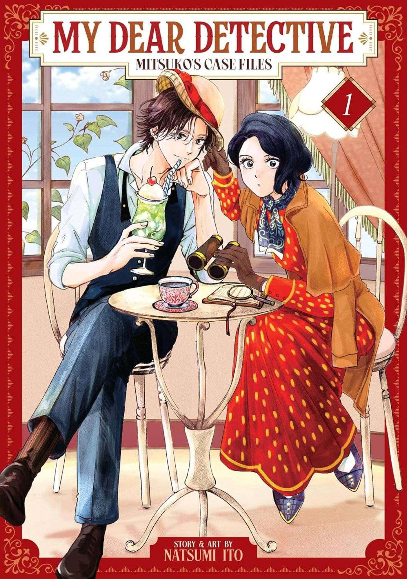 The cover of My Dear Detective, showing the detective sitting at a tea table, holding a pair of binoculars and in a lovely polka-dot dress.  A man with a Nice Hat sits next to her, drinking a big fruity drink through a straw.