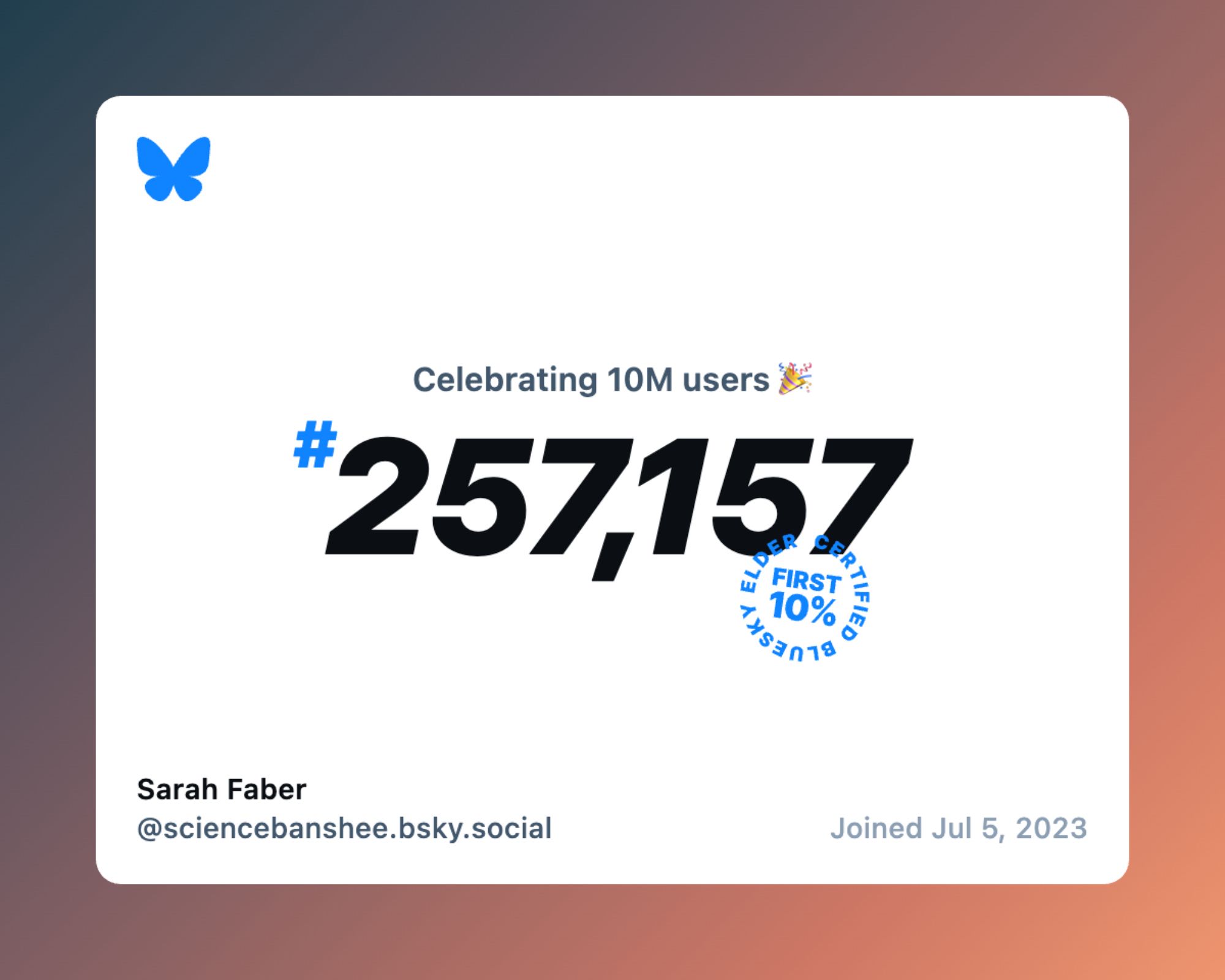 A BlueSky tile "Celebrating 10M users". I am user #257,157, in the first 10% of users by today's math