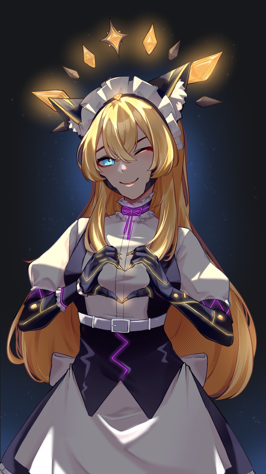 Illustration depicting the VTuber Sinty as an anime-style maid with cat ears in a nighttime setting, with a soft blue glow around her.