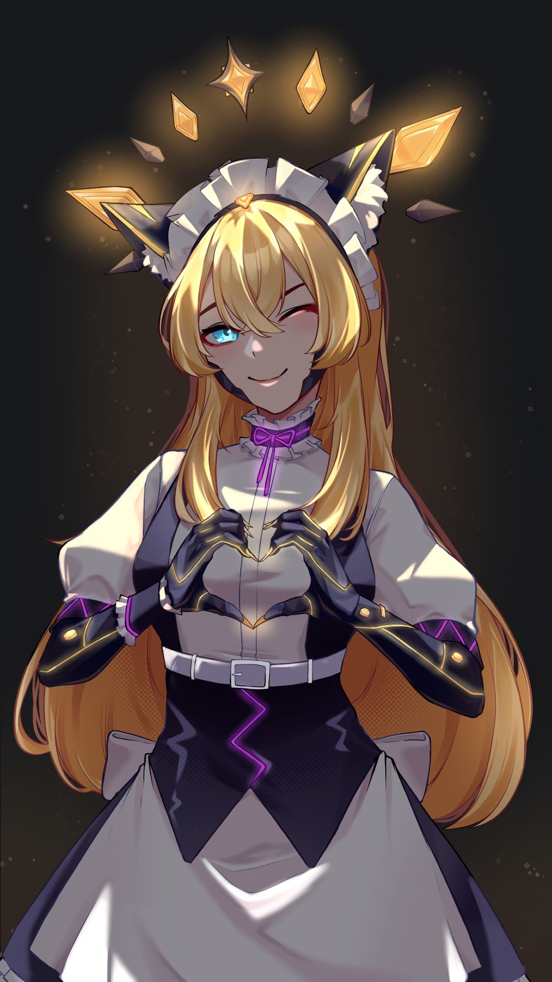 Illustration depicting the VTuber Sinty as an anime-style maid with cat ears in a nighttime setting, with a soft yellow glow around her.