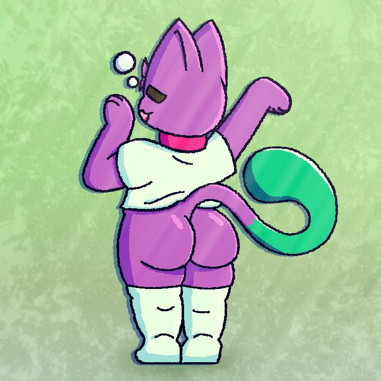 Drawing of a sleepy anthropomorphic cat. He's viewed from behind and stretching. He's wearing thigh highs and a t-shirt, but no pants.