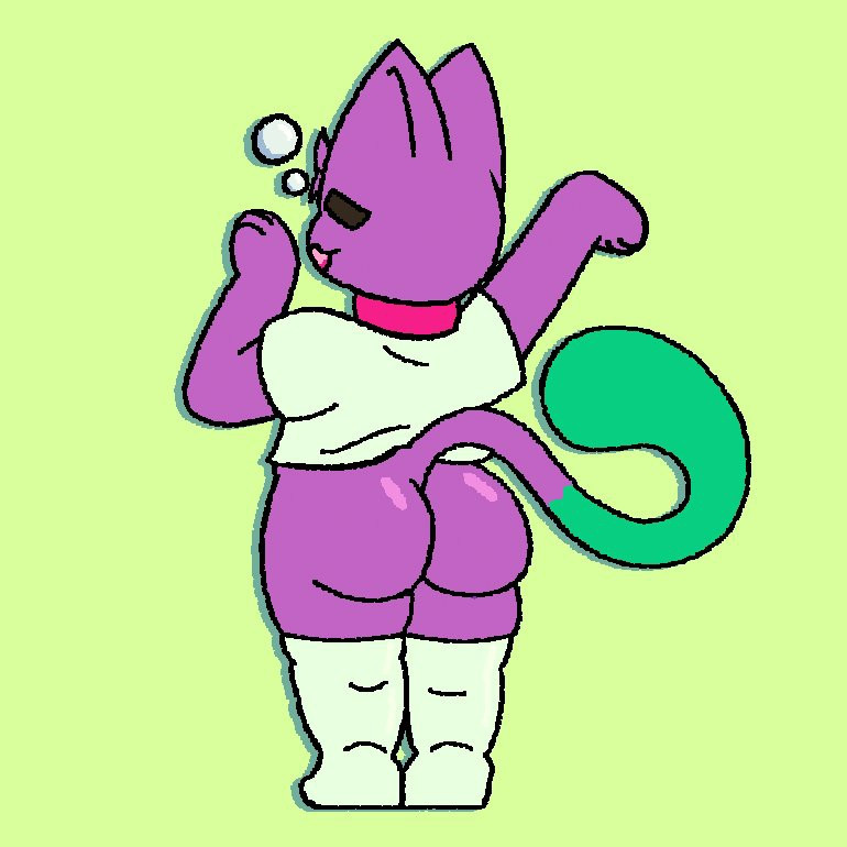 Drawing of a sleepy anthropomorphic cat. He's viewed from behind and stretching. He's wearing thigh highs and a t-shirt, but no pants.