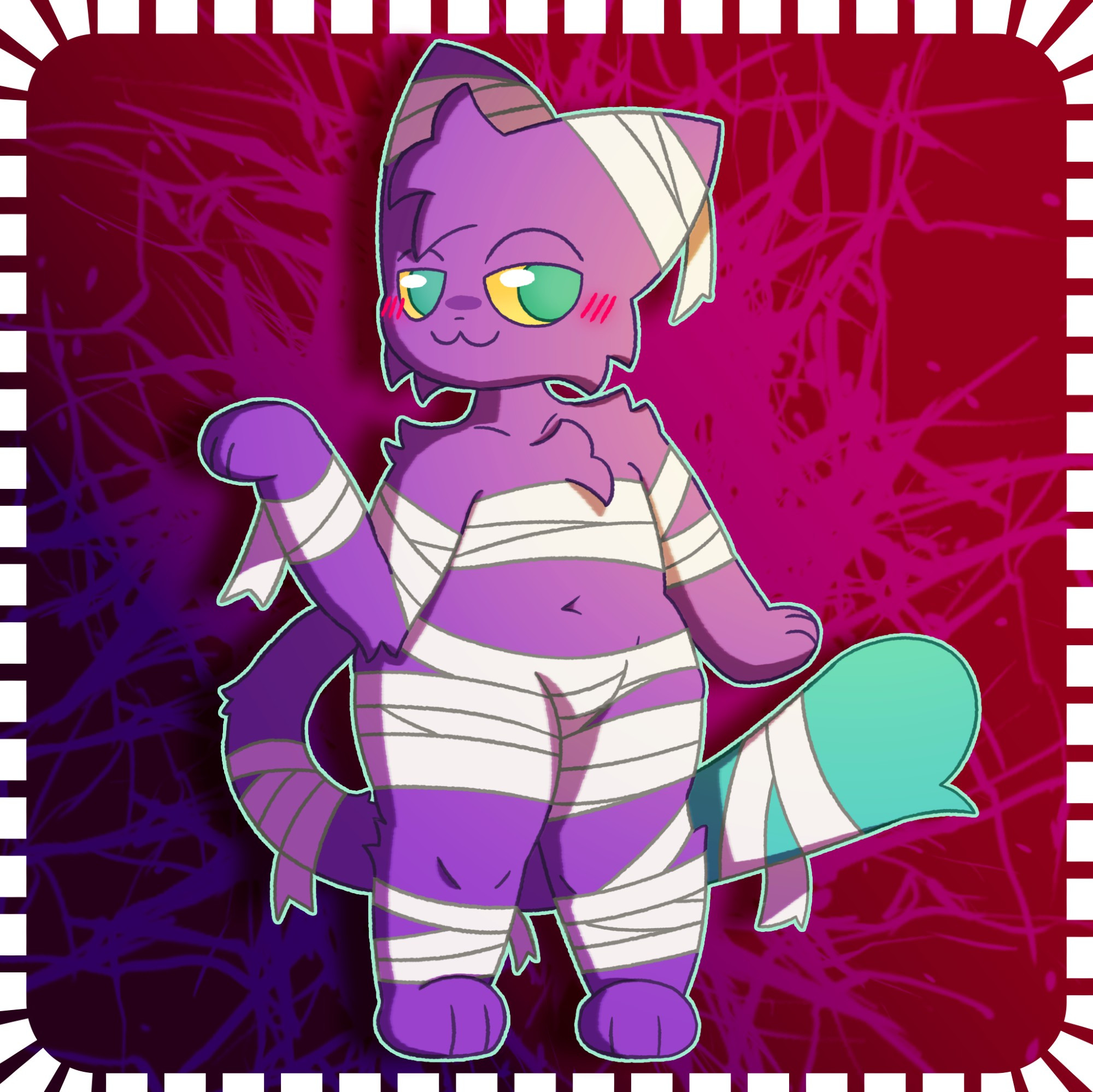 A purple anthropomorphic cat wearing mummy wrappings as a halloween costume