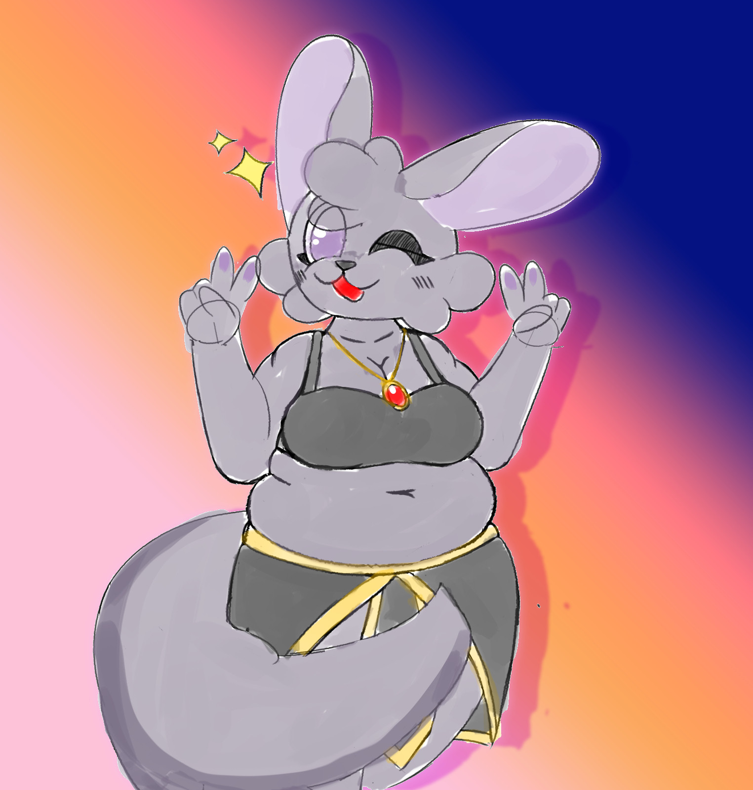 Cleaned up and colored doodle of a chubby gray anthro. She's doing double peace signs and is wearing a black and gold top and skirt.