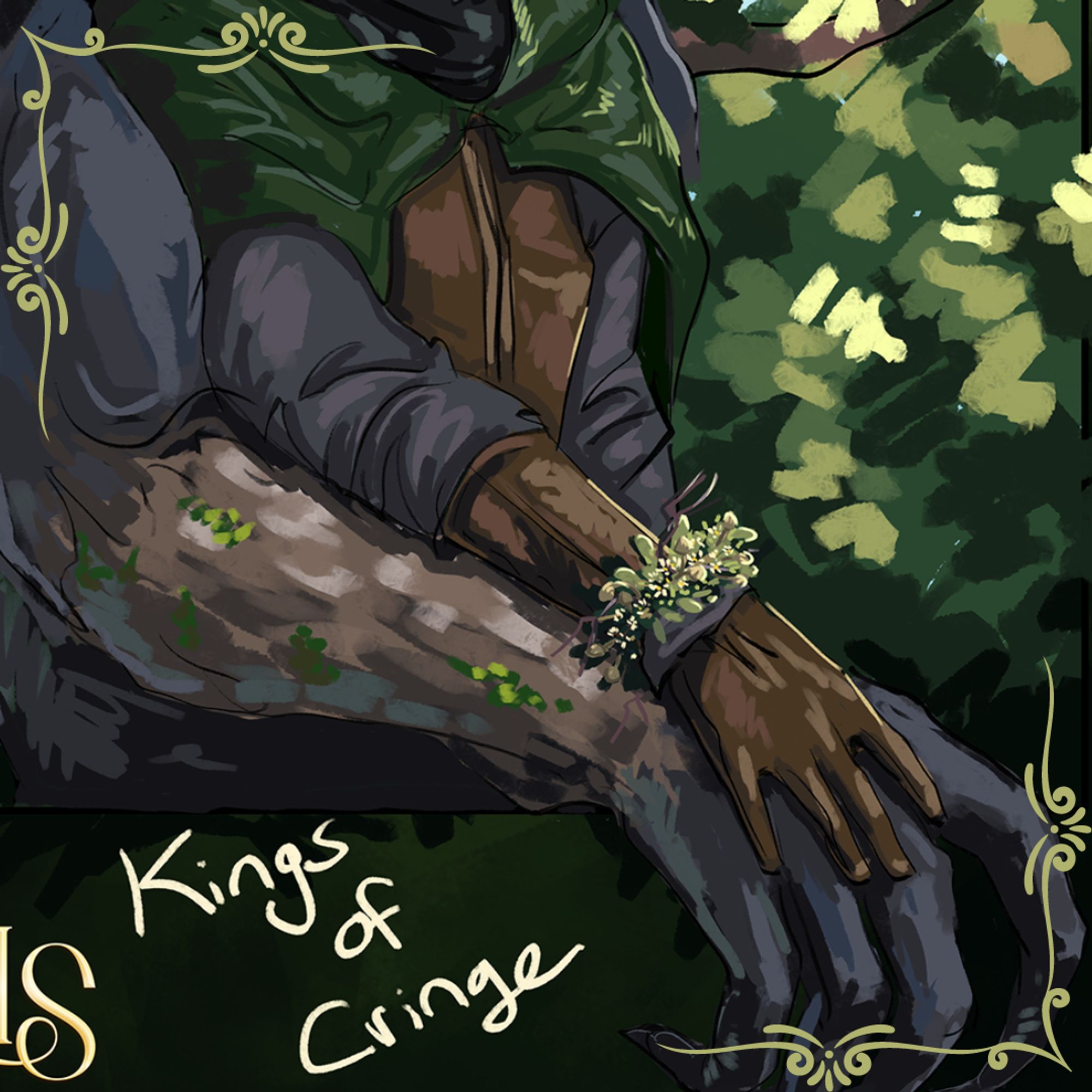 Coil of Boughs, kings of cringe. A large, dark-grey skinned demon holds his human lover in a very cringey prom pose. The demon has big goat horns and a deer skull with flaming eyes. The human wears a green cloak, has ginger hair, scarring on the right side of his face, and bright blue eyes without pupils. He's wearing gloves and has his hand delicately lain atop the demon's much larger claw. The human is wearing a corsage of leaves and mushrooms. Behind them the background is roughly drawn leaves.