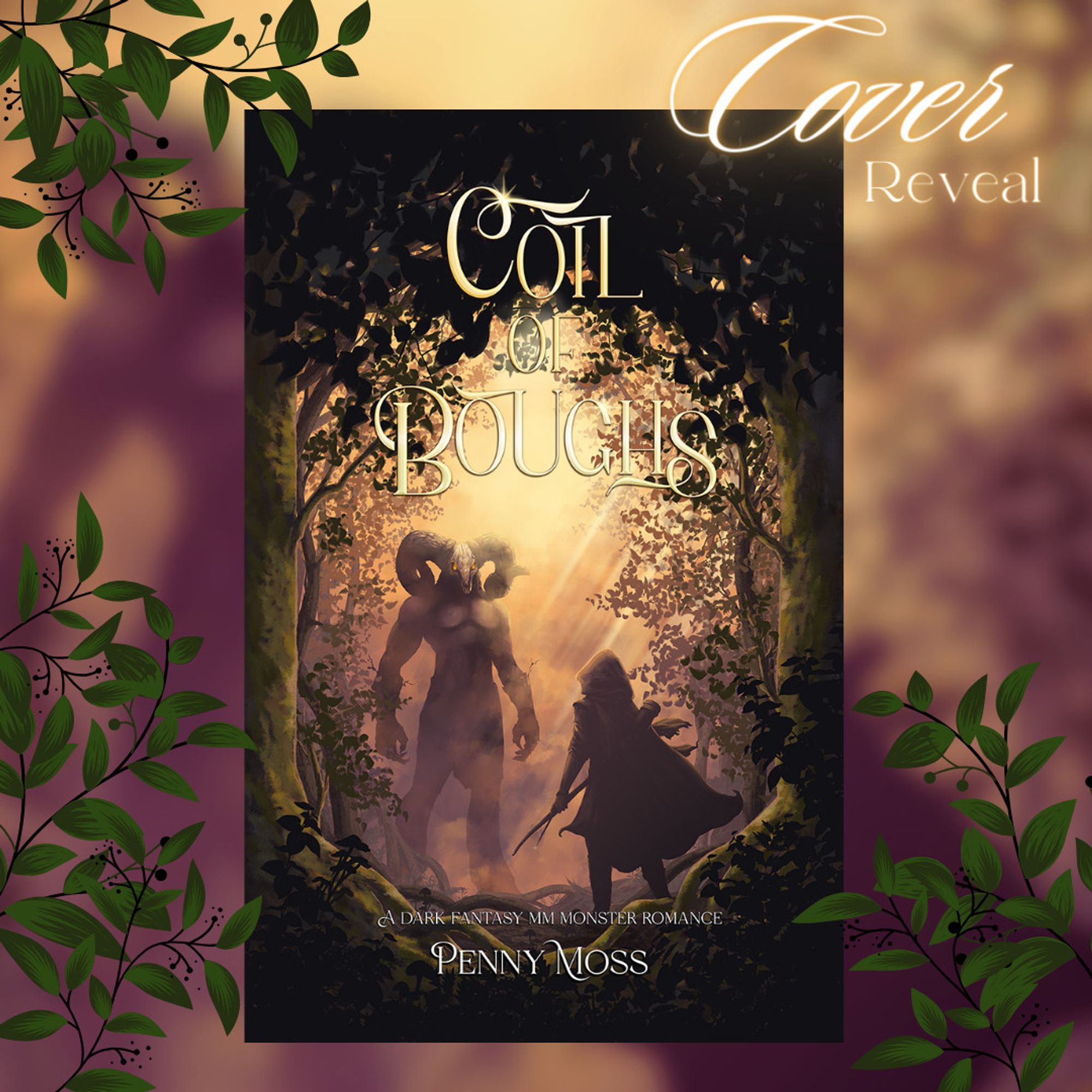 book cover art of a frame of trees and leaves. inside the frame are sun rays and silhouettes. one of a demon with large horns, a deer-skull, and fiery eyes. the other is a hooded figure with a bow and empty quiver. the atmosphere is warm/fiery