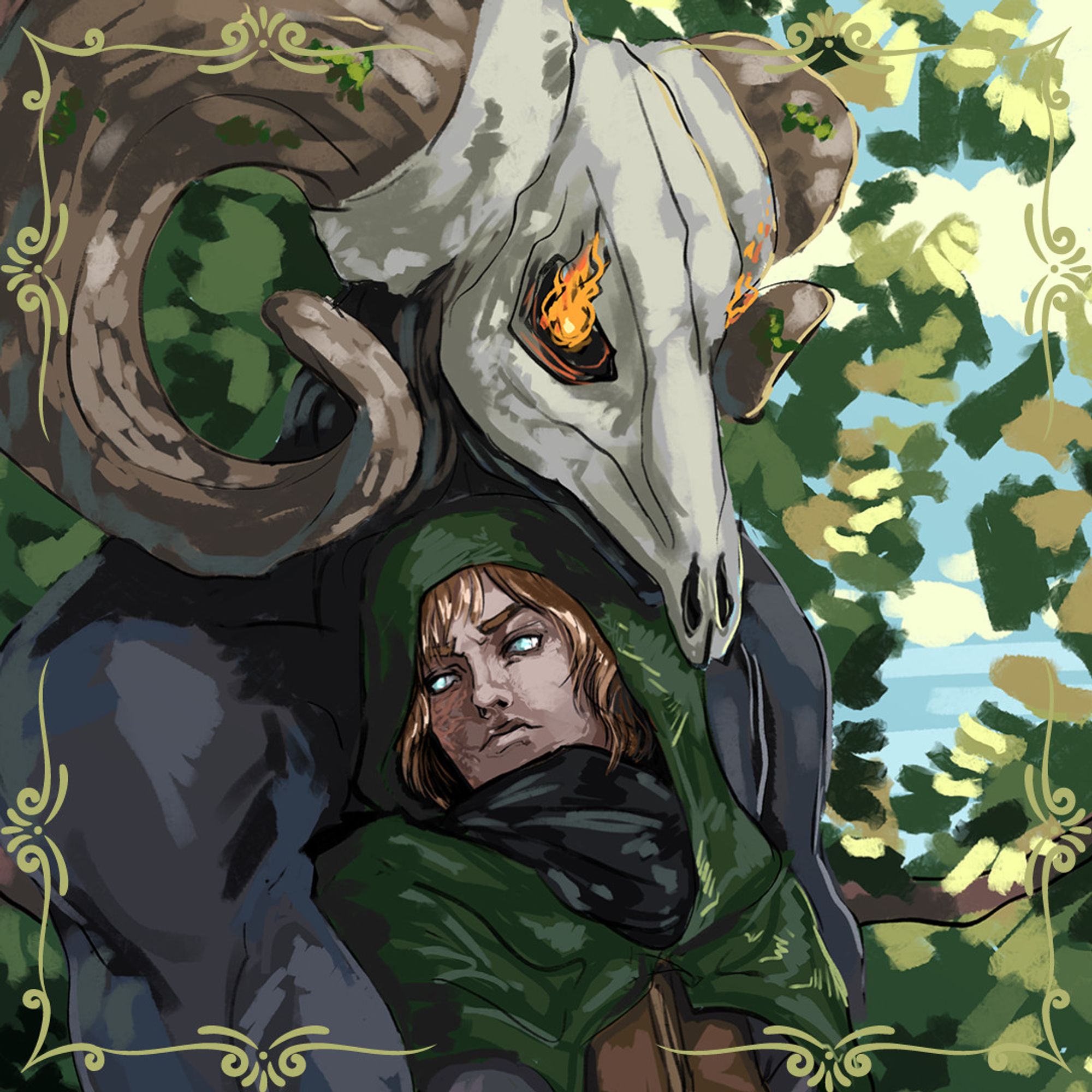 Coil of Boughs, kings of cringe. A large, dark-grey skinned demon holds his human lover in a very cringey prom pose. The demon has big goat horns and a deer skull with flaming eyes. The human wears a green cloak, has ginger hair, scarring on the right side of his face, and bright blue eyes without pupils. He's wearing gloves and has his hand delicately lain atop the demon's much larger claw. The human is wearing a corsage of leaves and mushrooms. Behind them the background is roughly drawn leaves.