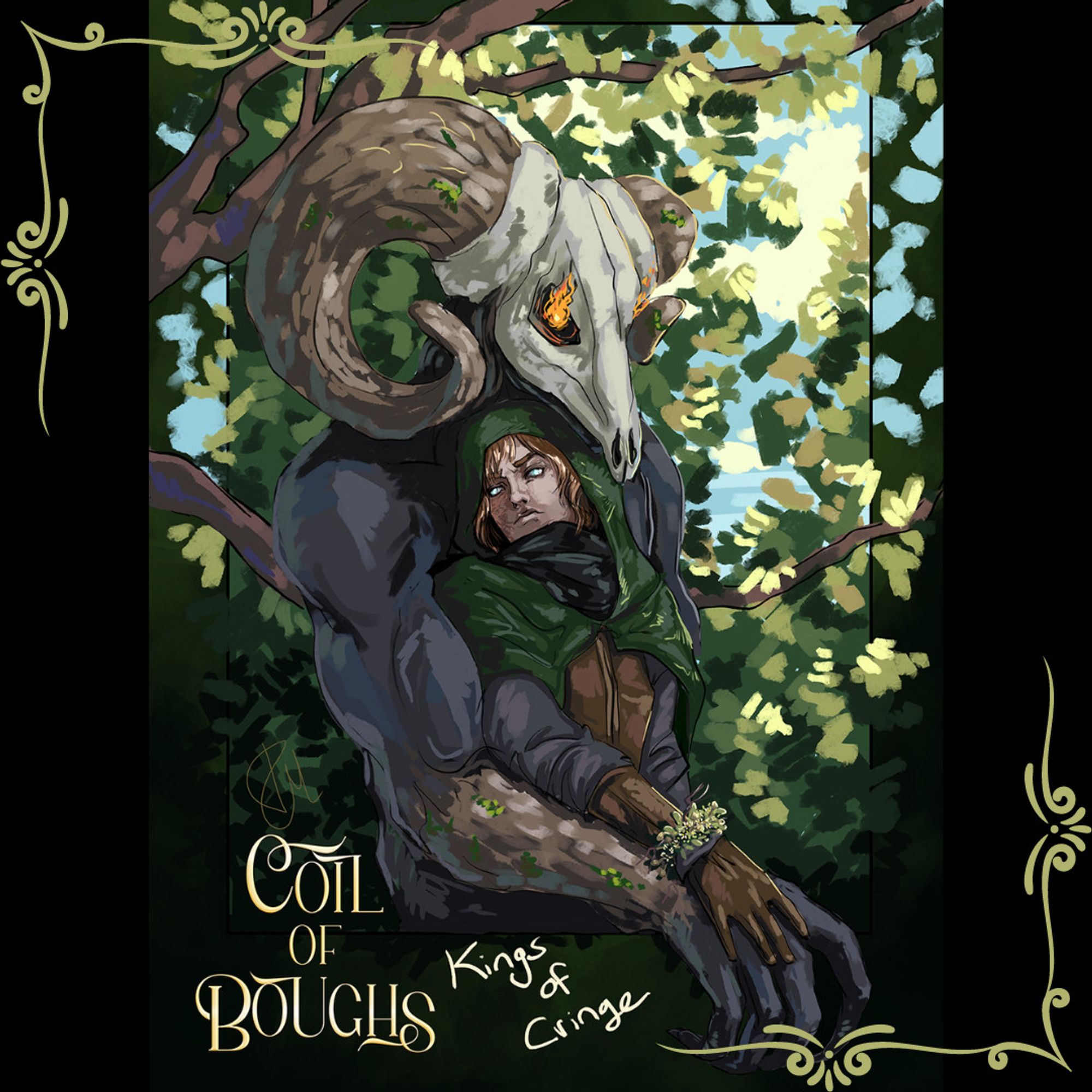 Coil of Boughs, kings of cringe. A large, dark-grey skinned demon holds his human lover in a very cringey prom pose. The demon has big goat horns and a deer skull with flaming eyes. The human wears a green cloak, has ginger hair, scarring on the right side of his face, and bright blue eyes without pupils. He's wearing gloves and has his hand delicately lain atop the demon's much larger claw. The human is wearing a corsage of leaves and mushrooms. Behind them the background is roughly drawn leaves.