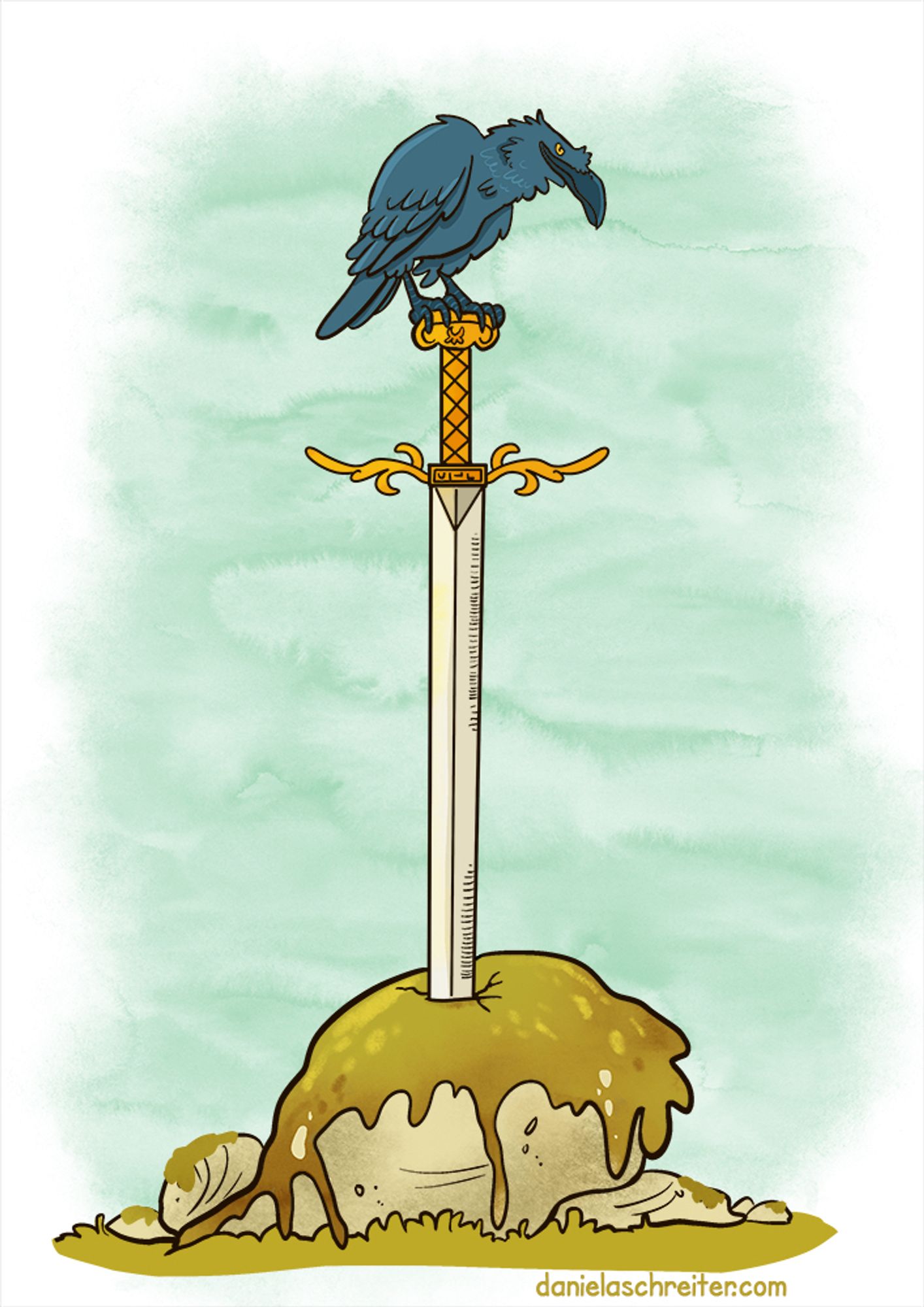 Comic Illustration: A big longsword with a golden handle is stuck in a mossy stone. A raven sits on the handle, it looks mischievous at the viewer. The background is coloured in a watercoloury green.