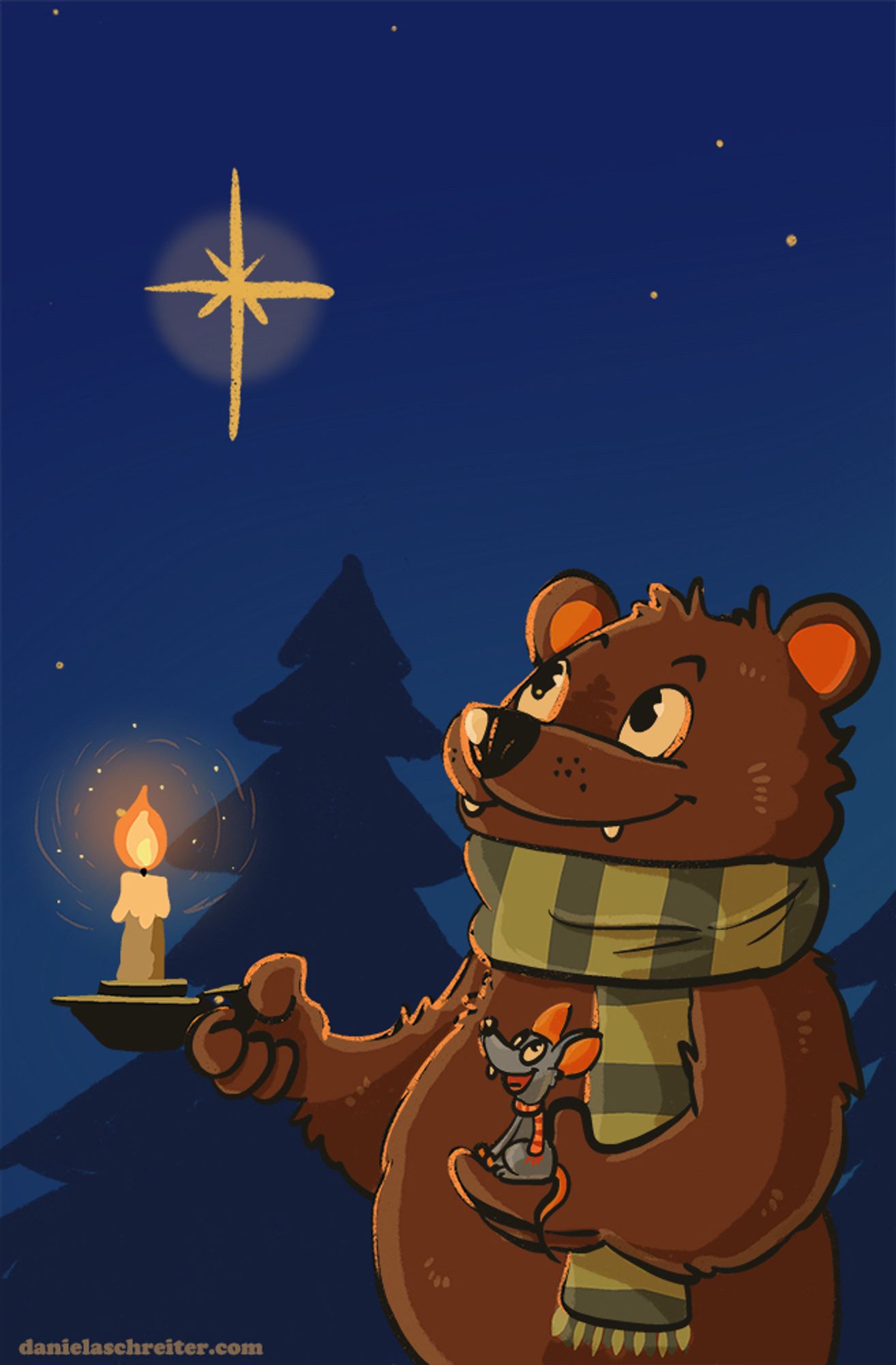 Comic Illustration: It’s a winter night, a bear with a green striped scarf is holding a candle in one paw, in the other a little mouse, who is also wearing a scarf. You can see a forest in the background. Both are looking in she sky, a bright big star is shining. Bear and mouse are looking happy and peaceful.