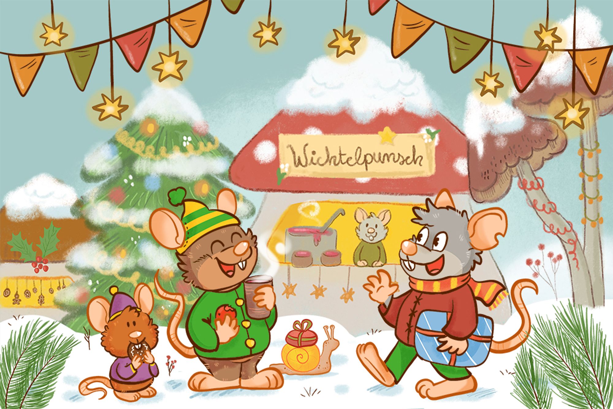 Comic Illustration: Drei Mäuse in Winterkleidung gehen über einen Wintermarkt. Die rechte Maus läuft durch den Schnee und hält ein eingepacktes Geschenk in der Pfote, sie grüßt eine andere Maus, die gerade Punsch trinkt und fröhlich schaut. Eine kleinere Maus daneben isst einen Lebkuchen. Im Hintergrund ist eine Bude zu sehen, die Punsch ausschenkt, darüber steht „Wichtelpunsch“. Die Bude ist wie ein Fliegenpilz geformt. Es liegt Schnee und es ist alles festlich geschmückt, es sieht sehr gemütlich und bunt aus.