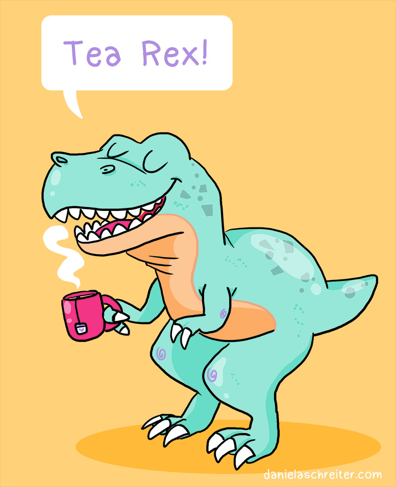 Comic Illustration: Ein blau grüner T-Rex auf gelbem Grund. Der T-Rex schaut zufrieden und hält eine Tasse, darüber steht in einer Sprechblase  Tea Rex (Als Anspielung auf den Tee und seinen Namen).