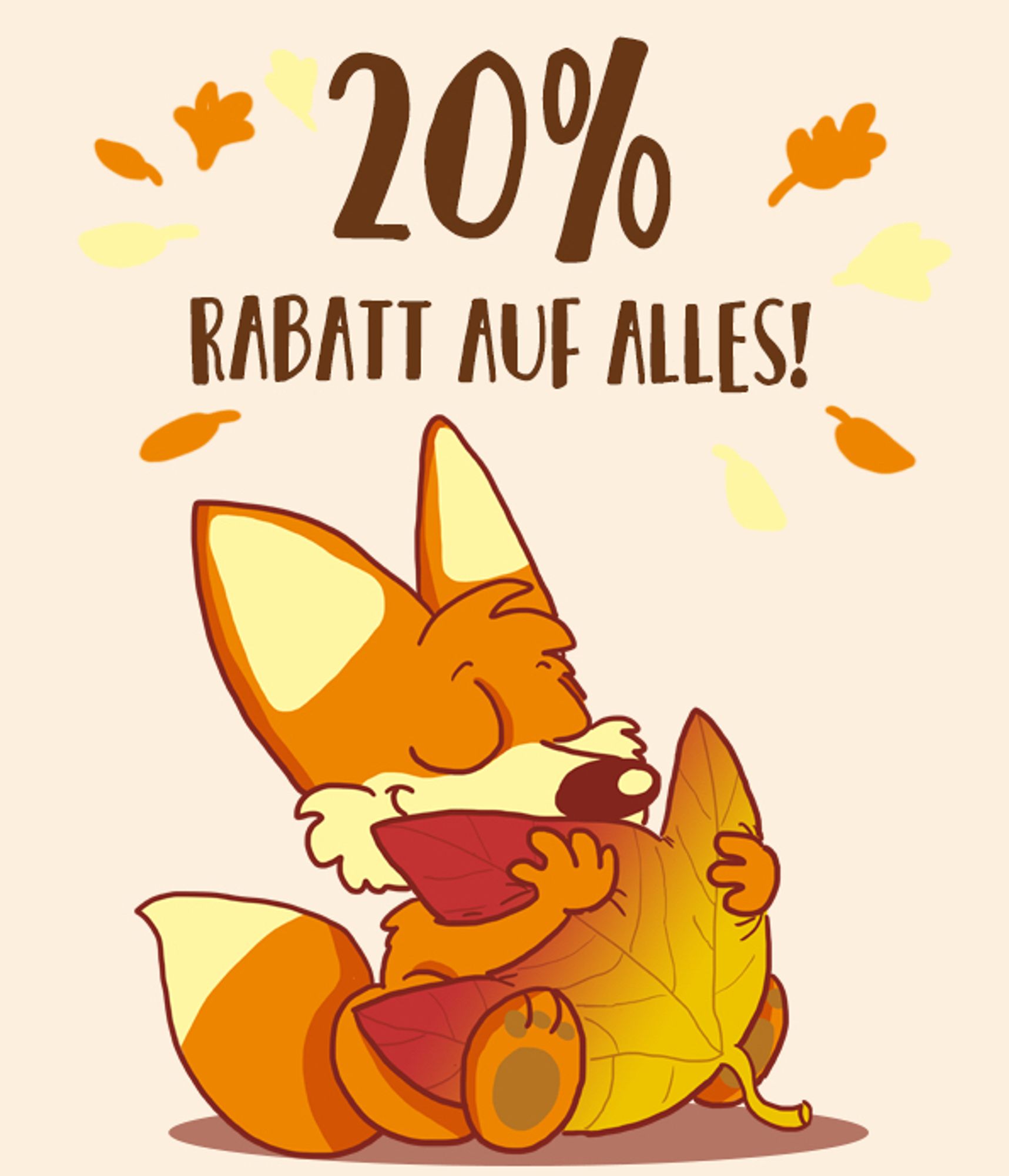 Comic-Illustration: Ein Fuchs knuddelt ein großes Herbstblatt. Darüber steht: 20% Rabatt auf alles!