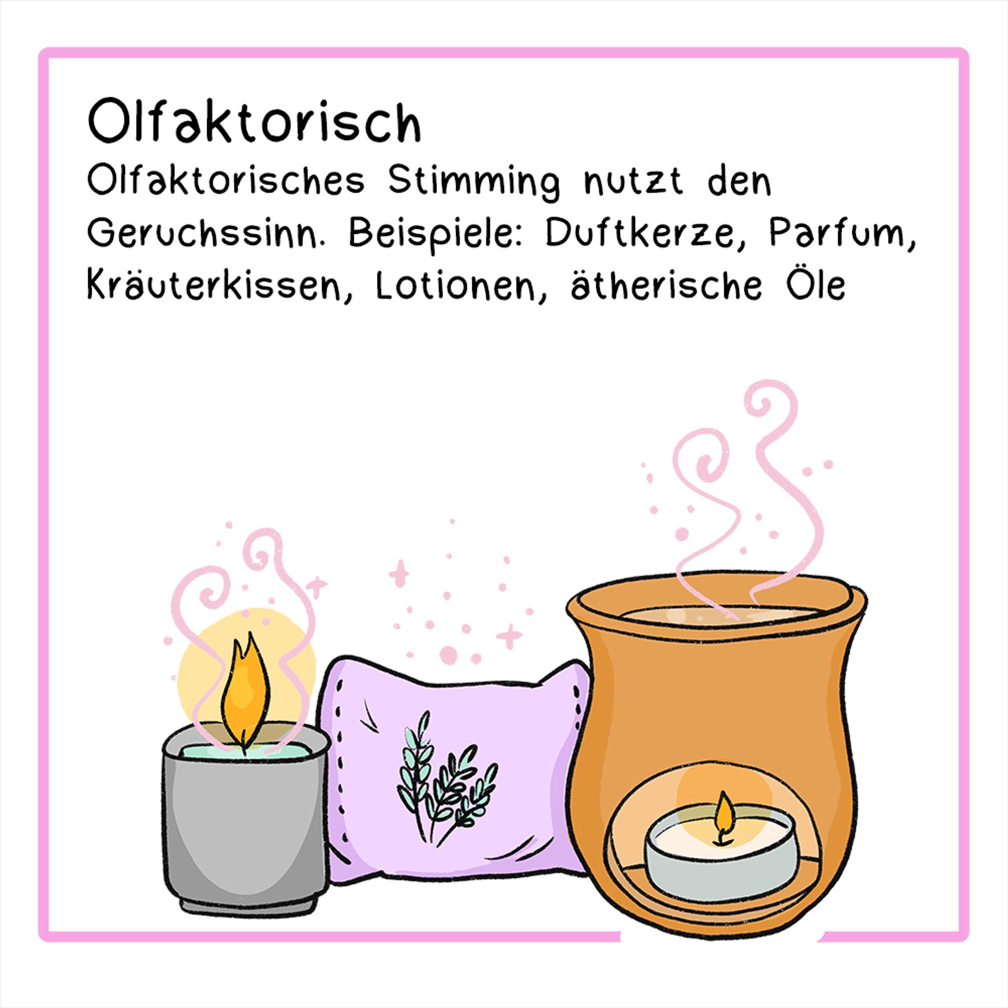 Viertes Panel:
Illustration: Ein Kräuterkissen, eine Duftkerze und eine Duftlampe. 
Überschrift: Olfaktorisch
Der Text lautet: Olfaktorisches Stimming nutzt den Geruchssinn. Beispiele: Duftkerze, Parfum, Kräuterkissen, Lotionen, ätherische Öle