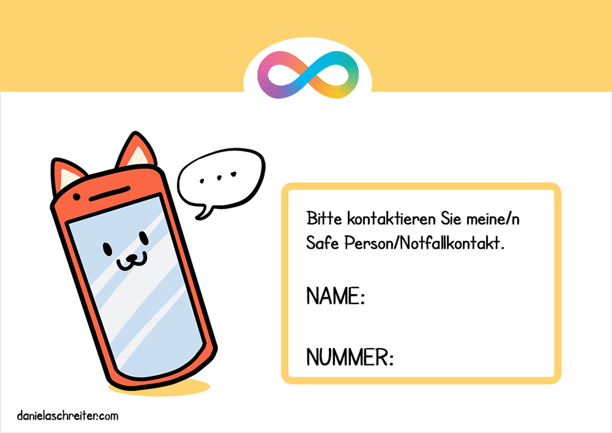 Illustration: Ein Smartphone mit Fuchsohren und einem Gesicht auf dem Display, daneben ist eine symbolische Textblase. Der Text daneben lautet: Bitte kontaktieren Sie meine/n Safe Person/Notfallkontakt. Darunter sind Spalten für Name und Nummer.