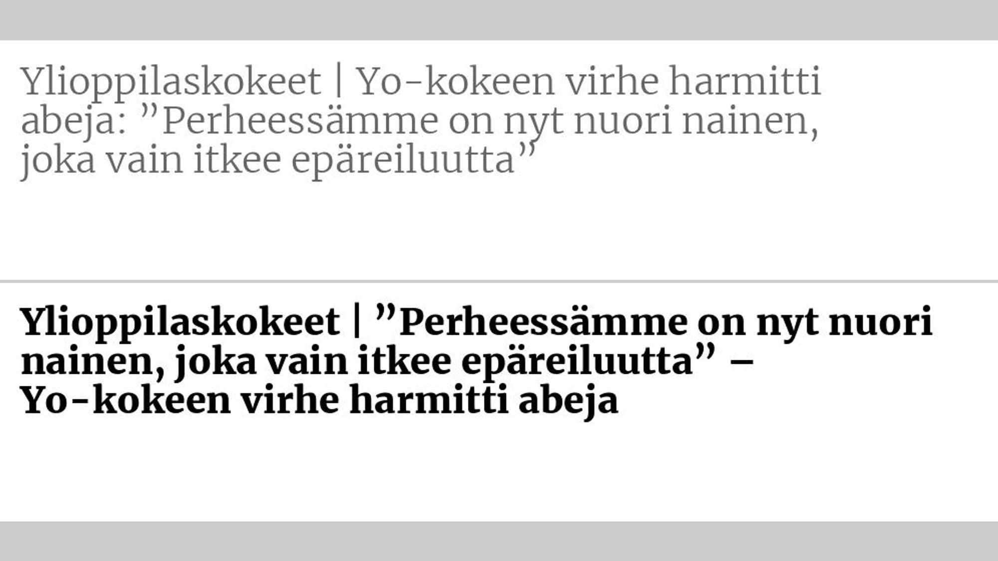 Entinen otsikko: Ylioppilaskokeet | Yo-kokeen virhe harmitti abeja: ”Perheessämme on nyt nuori nainen, joka vain itkee epä­reiluutta” Uusi otsikko: Ylioppilaskokeet | ”Perheessämme on nyt nuori nainen, joka vain itkee epäreiluutta” – Yo-kokeen virhe harmitti abeja