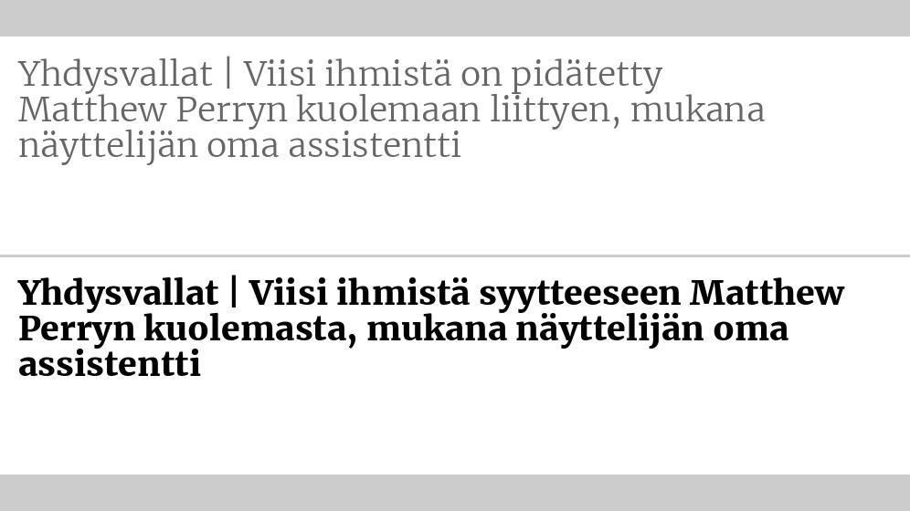 Entinen otsikko: Yhdysvallat | Viisi ihmistä on pidätetty Matthew Perryn kuolemaan liittyen, mukana näyttelijän oma assistentti Uusi otsikko: Yhdysvallat | Viisi ihmistä syytteeseen Matthew Perryn kuolemasta, mukana näyttelijän oma assistentti