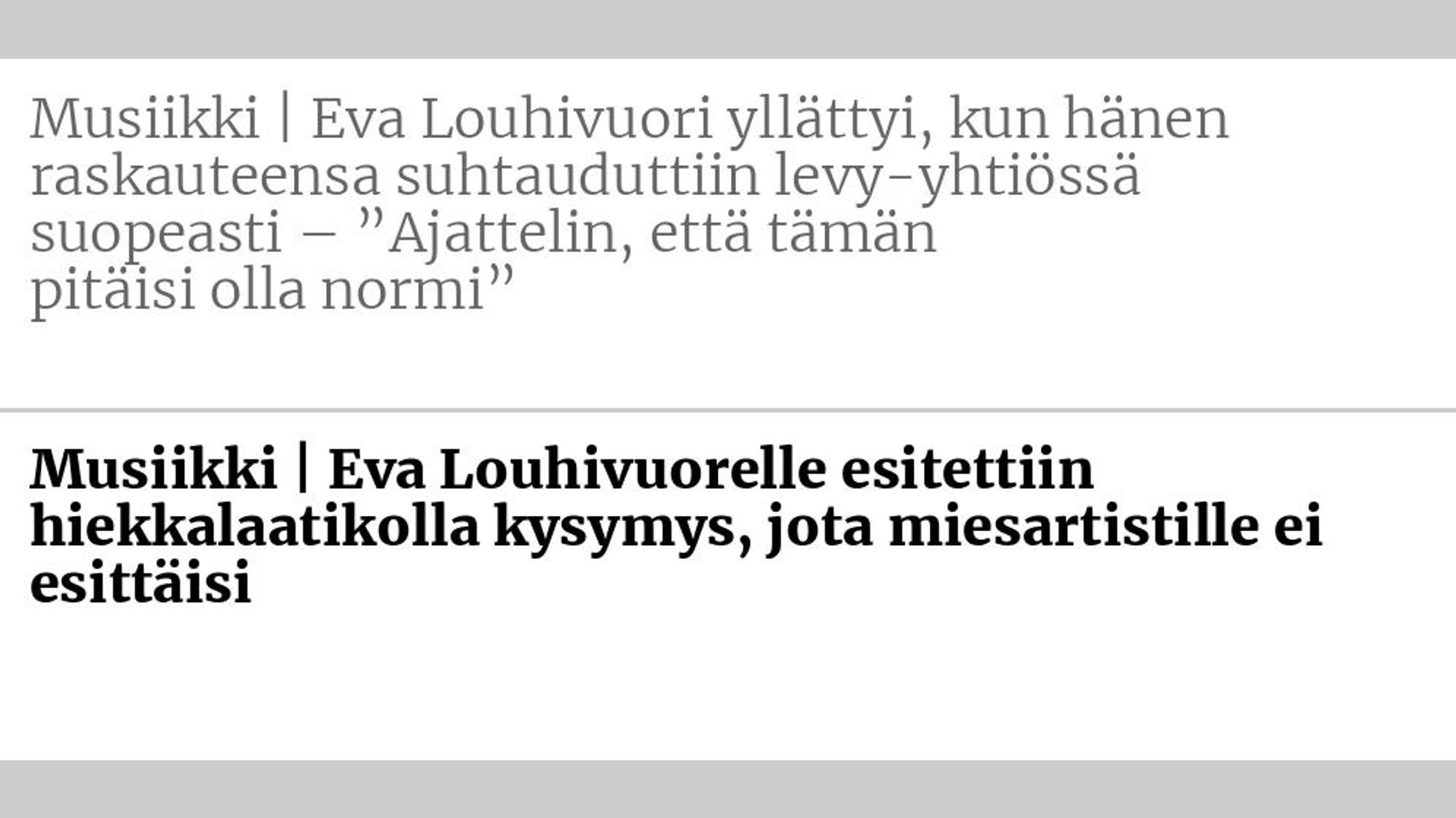 Entinen otsikko: Musiikki | Eva Louhivuori yllättyi, kun hänen raskauteensa suhtauduttiin levy-yhtiössä suopeasti – ”Ajattelin, että tämän pitäisi olla normi” Uusi otsikko: Musiikki | Eva Louhi­vuorelle esitettiin hiekka­laatikolla kysymys, jota mies­artistille ei esittäisi