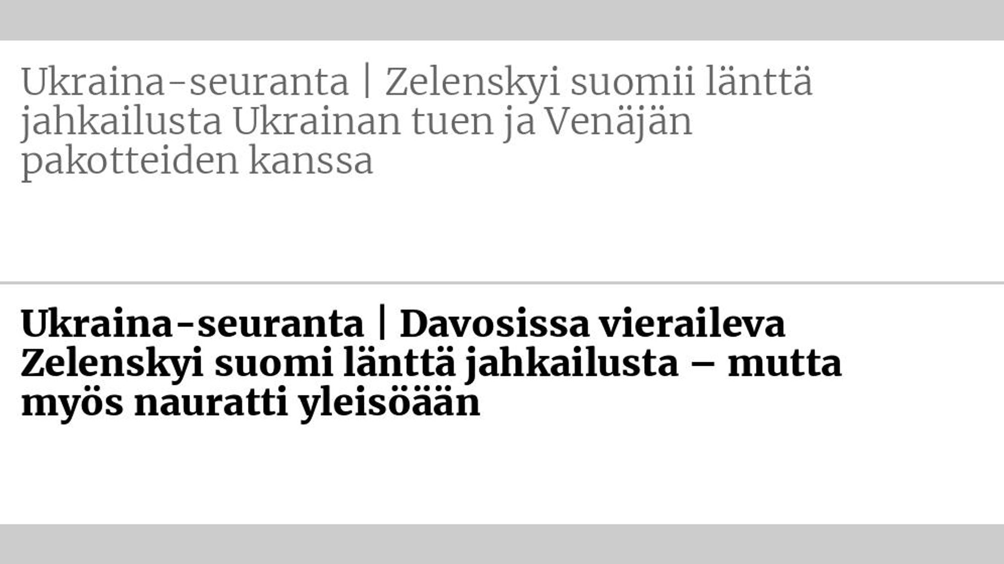 Entinen otsikko: Ukraina-seuranta | Zelenskyi suomii länttä jahkailusta Ukrainan tuen ja Venäjän pakotteiden kanssa Uusi otsikko: Ukraina-seuranta | Davosissa vieraileva Zelenskyi suomi länttä jahkailusta – mutta myös nauratti yleisöään