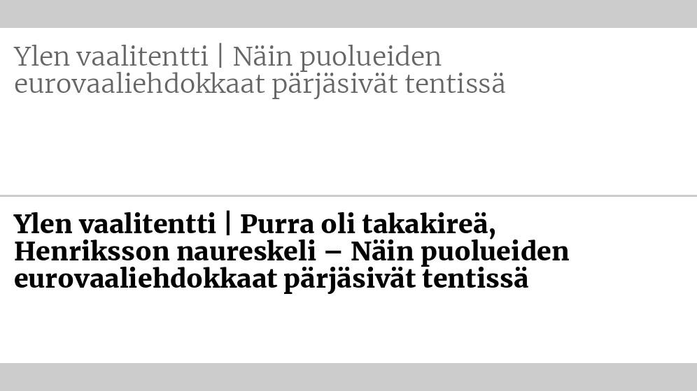 Entinen otsikko: Ylen vaalitentti | Näin puolueiden euro­vaali­ehdokkaat pärjäsivät tentissä Uusi otsikko: Ylen vaalitentti | Purra oli takakireä, Henriksson naureskeli – Näin puolueiden euro­vaali­ehdokkaat pärjäsivät tentissä