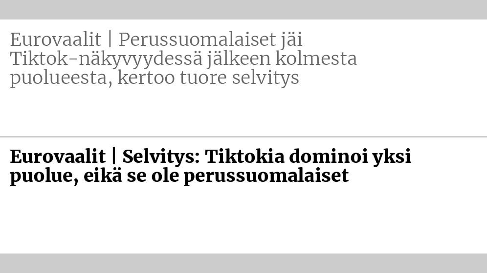 Entinen otsikko: Eurovaalit | Perus­suomalaiset jäi Tiktok-näkyvyydessä jälkeen kolmesta puolueesta, kertoo tuore selvitys Uusi otsikko: Eurovaalit | Selvitys: Tiktokia dominoi yksi puolue, eikä se ole perus­suomalaiset