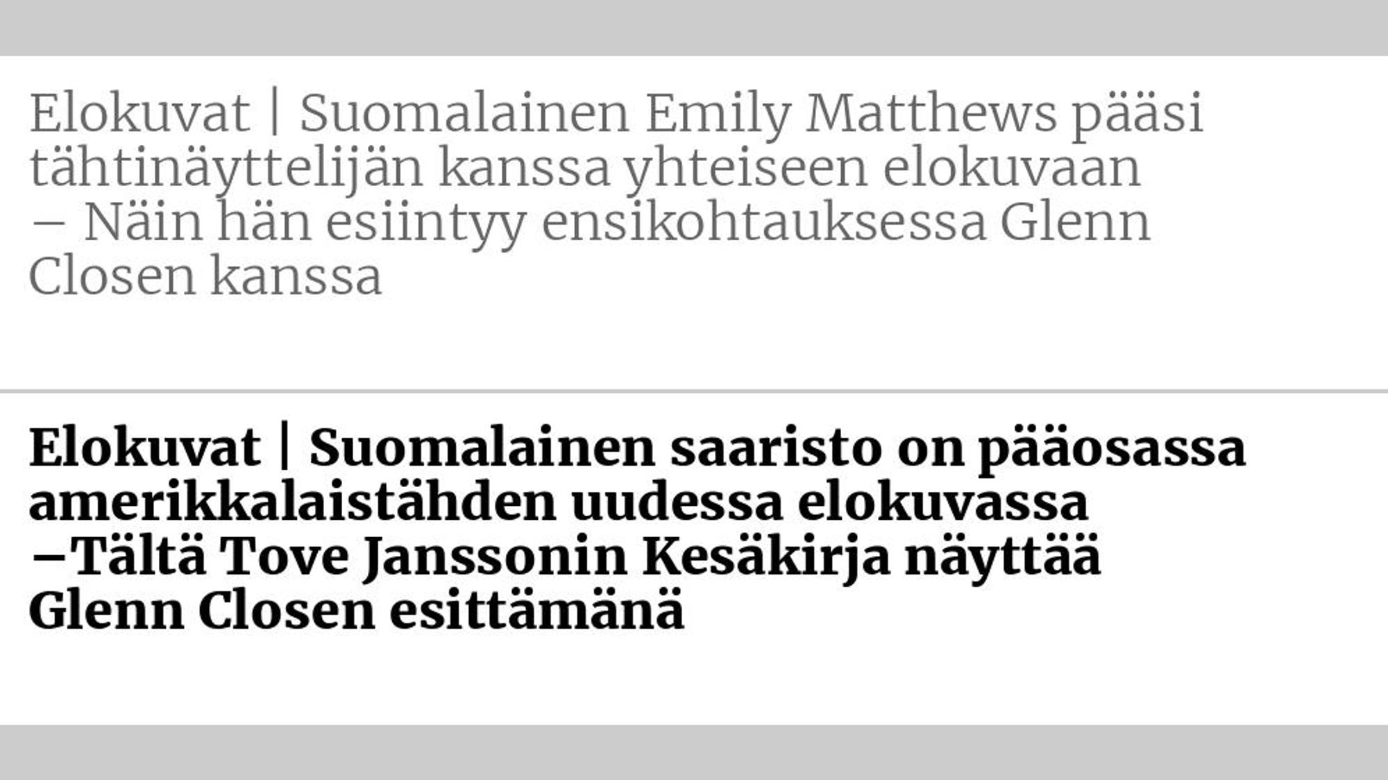 Entinen otsikko: Elokuvat | Suomalainen Emily Matthews pääsi tähti­näyttelijän kanssa yhteiseen elokuvaan – Näin hän esiintyy ensi­kohtauksessa Glenn Closen kanssa Uusi otsikko: Elokuvat | Suomalainen saaristo on pää­osassa amerikkalais­tähden uudessa elokuvassa –Tältä Tove Janssonin Kesäkirja näyttää Glenn Closen esittämänä