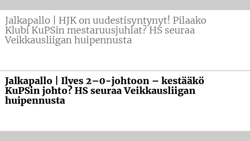 Entinen otsikko: Jalkapallo | HJK on uudestisyntynyt! Pilaako Klubi KuPSin mestaruusjuhlat? HS seuraa Veikkausliigan huipennusta Uusi otsikko: Jalkapallo | Ilves 2–0-johtoon – kestääkö KuPSin johto? HS seuraa Veikkausliigan huipennusta