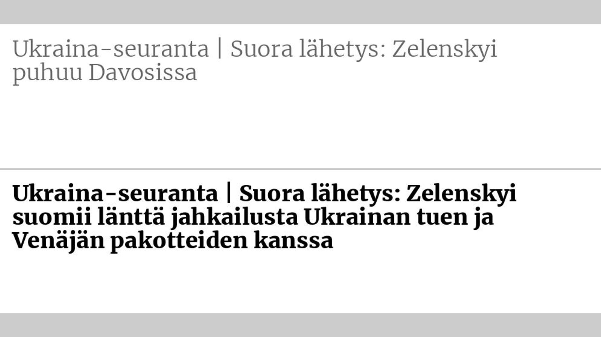 Entinen otsikko: Ukraina-seuranta | Suora lähetys: Zelenskyi puhuu Davosissa Uusi otsikko: Ukraina-seuranta | Suora lähetys: Zelenskyi suomii länttä jahkailusta Ukrainan tuen ja Venäjän pakotteiden kanssa