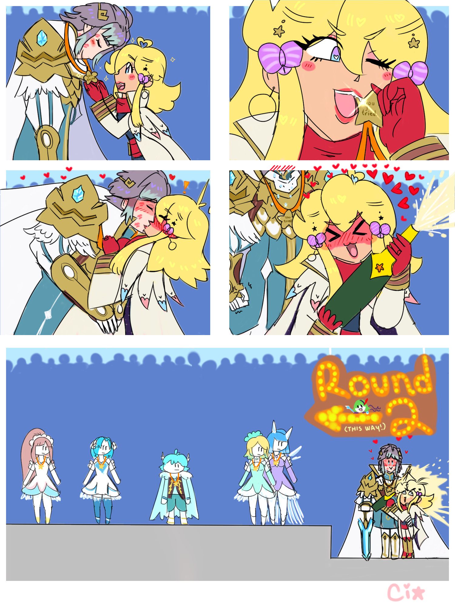 Read from left to right, top to bottom
Panel 1: The Summoner, Sky, gives Hrid (who is covered in kisses) a star medal that says "You Tried."
Panel 2: Sky takes a bite of the medal with a smug expression.
Panel 3: Hrid pulls Sky in for a kiss.
Panel 4: Sky cheerfully bursts out the champagne bottle with Hrid behind her
Panel 5: Felicia, Thea, Nils, Fjorm and Nifl are staring at Hrid and Sky. Sky has squirted the champagne bottle directly in her face, and Hrid looks at her lovingly while holding her close.
The flashing sign says Round 2: This way! (There is a doodle of Attuned Nino on it)
Parody of the bronze medal meme.