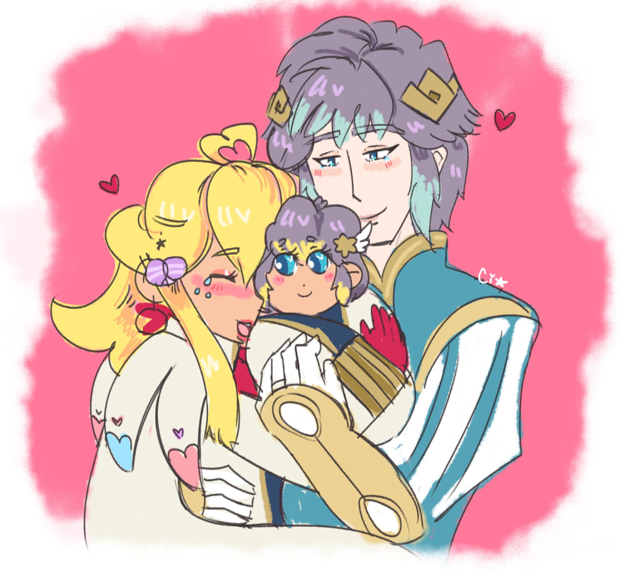 Colored sketch. Hrid and Summoner Sky hold their firstborn daughter together. Sky is crying many tears of joy, and Hrid can't help but cry too.