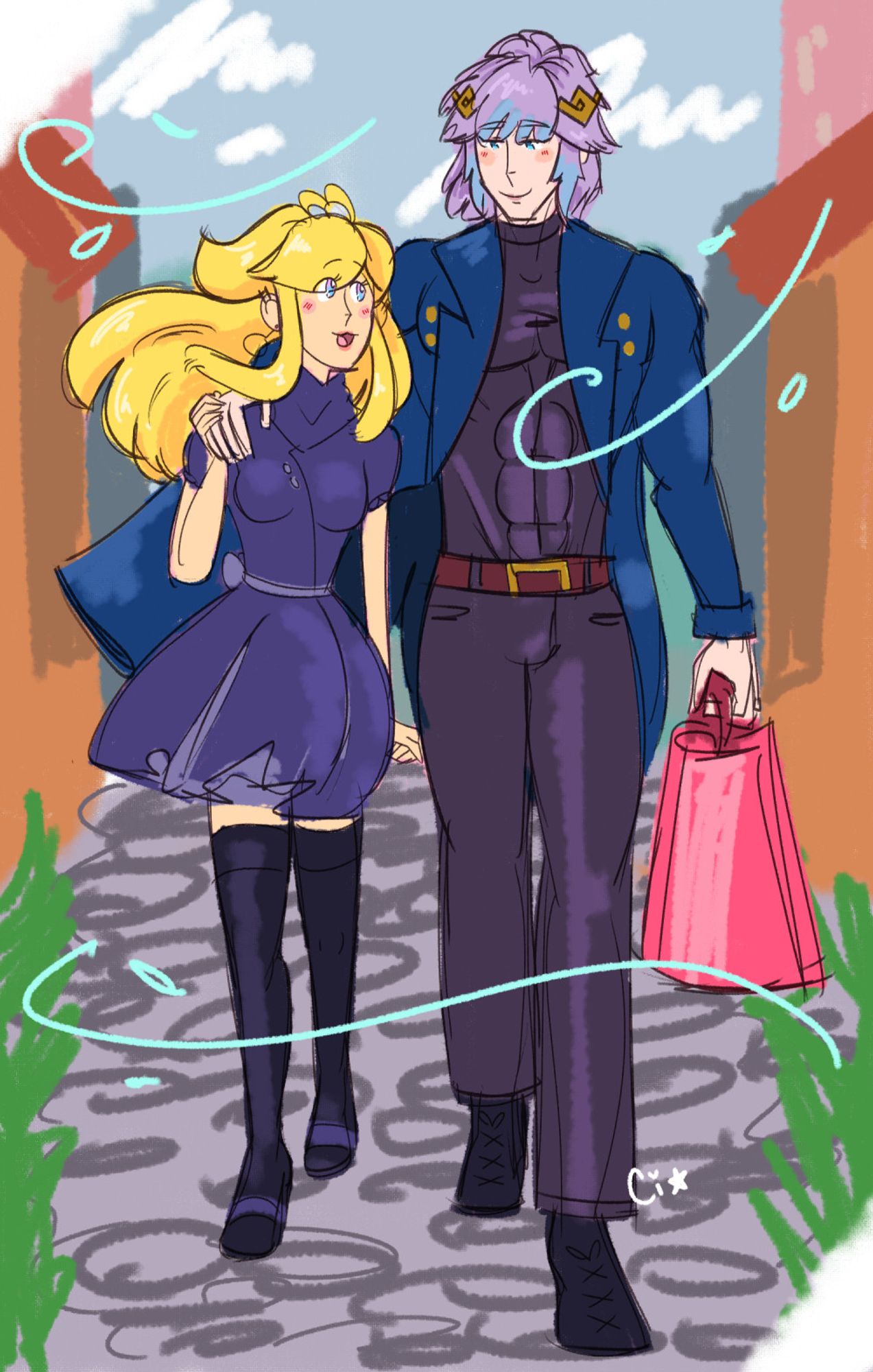 Summoner Sky and Hrid walk home on a cobblestone path after a fun shopping date. Sky wears a blue dress with matching bandana scarf and thigh-high black boots. She looks up to Hrid and smiles while chatting with him.
Hrid wears a blue coat, dark grey dress shirt that shows his abs, matching black pants and black shoes. He has his right arm over Sky's shoulder and is carrying her shopping bags with his left hand. He smiles while listening intently to Sky. A cool breeze is blowing, sweeping Sky's hair and Hrid's jacket to their right.