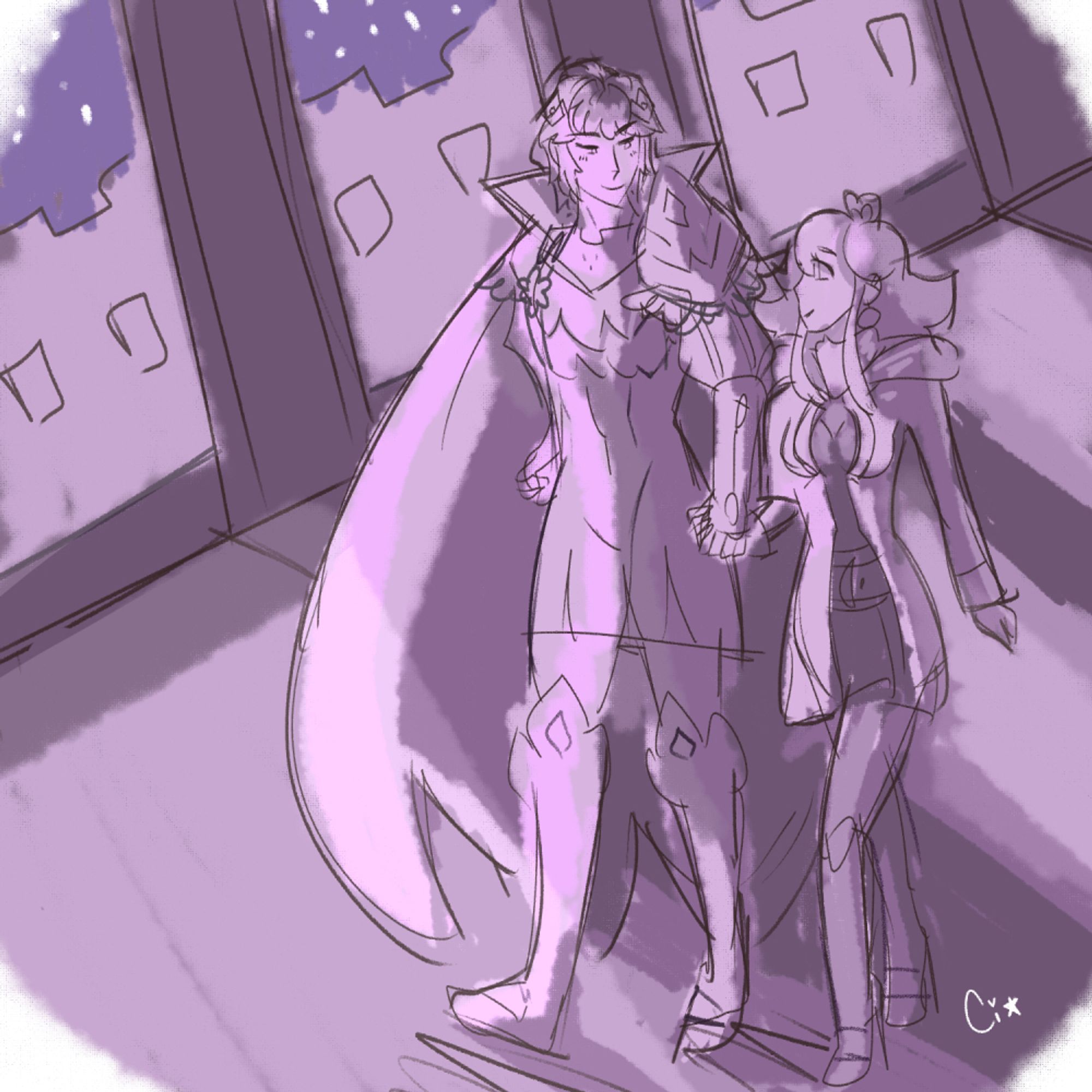 purple monochrome sketch of hrid and the summoner taking a walk together in askr's castle, holding hands.