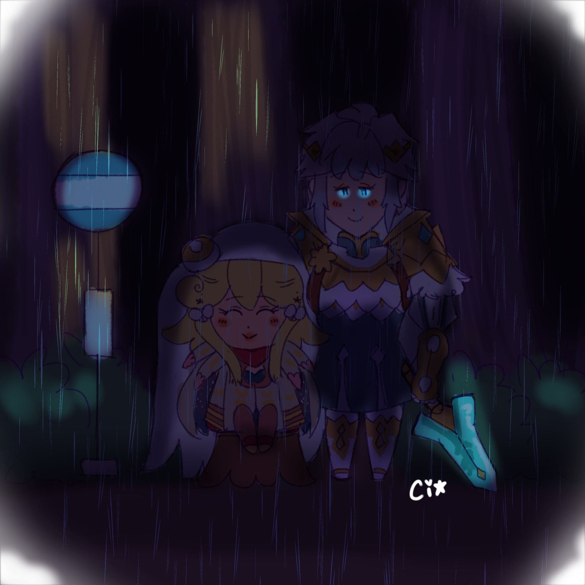 Chibi doodle of Hrid covering Sky with his long white cape so she doesn't get wet out in the rain (they forgot to bring an umbrella). Hrid's eyes and sword glow in the moonlight. The two are waiting at a bus stop in the middle of the woods, on a rainy night.