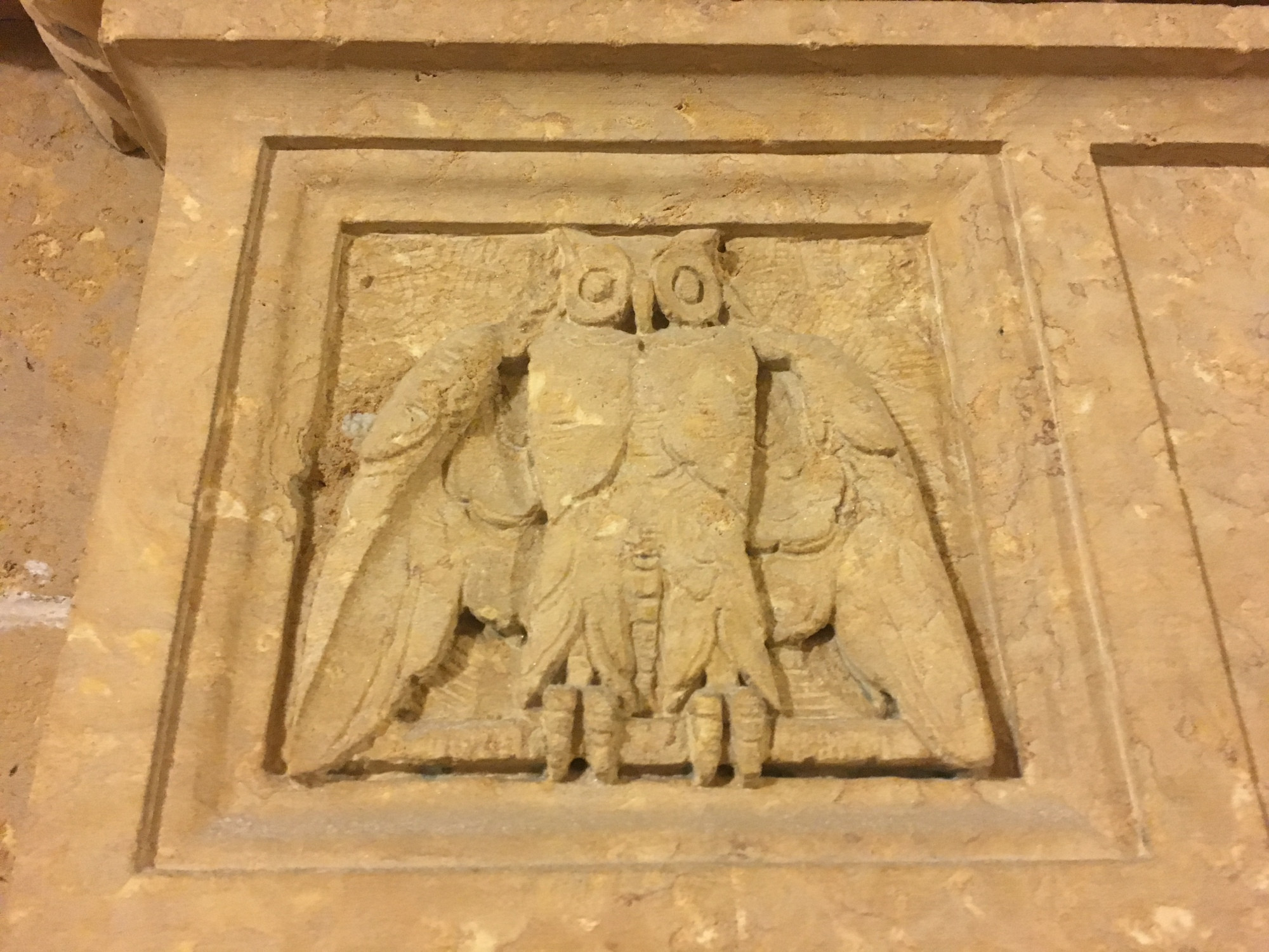Owl carved into stone above a door in Walter Library.