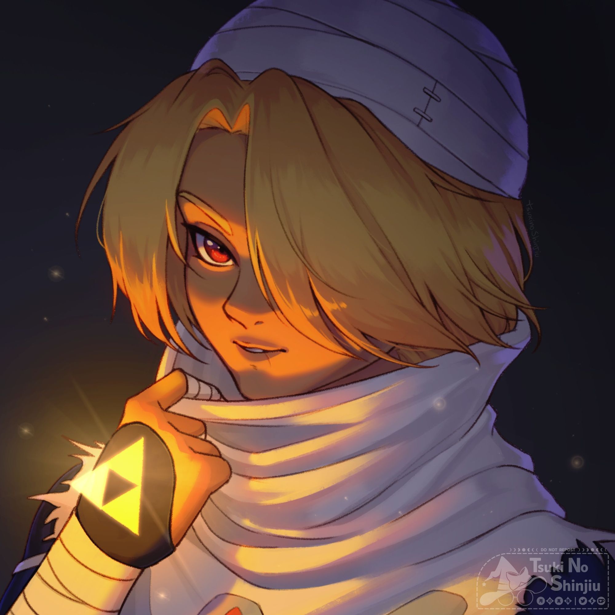 Portrait artwork of Sheik from Zelda: Ocarina of time. He has an impassive expression. As he pulls down the cloth covering his face, you can see the triforce shining brightly on his hand and lighting his face from below.