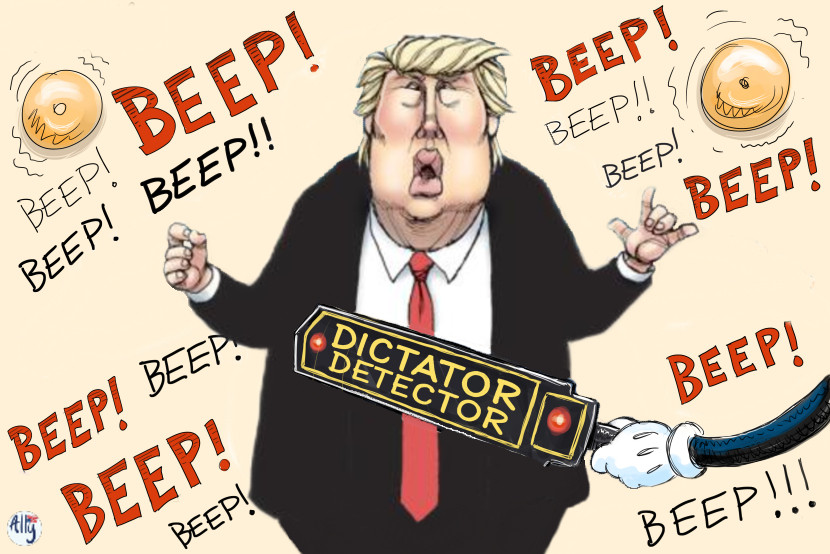 Pen & Ink Cartoon: Trump in a black suit and red tie being scanned with a "Dictator Detector". Two large alarm bells are ringing and the word Beep! is spread across the image in different fonts and colors. Not AI generated.