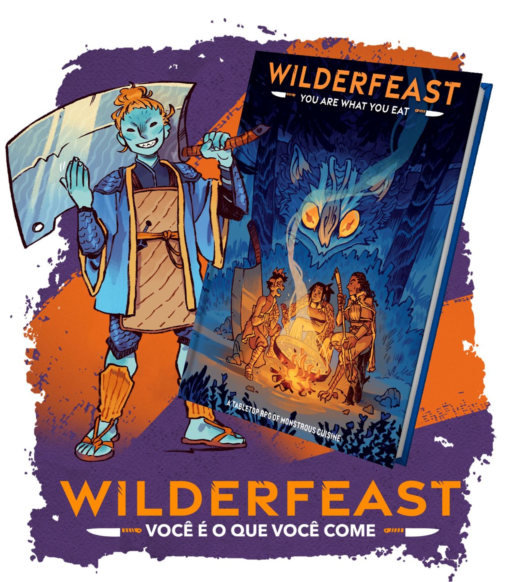 Imagem promocional com ilustração de um personagem humanoide com traços de tubarão segurando um cutelo gigante ao lado de uma imagem do livro Wilderfeast. Abaixo os dizeres Wilderfeast você é o que você come.