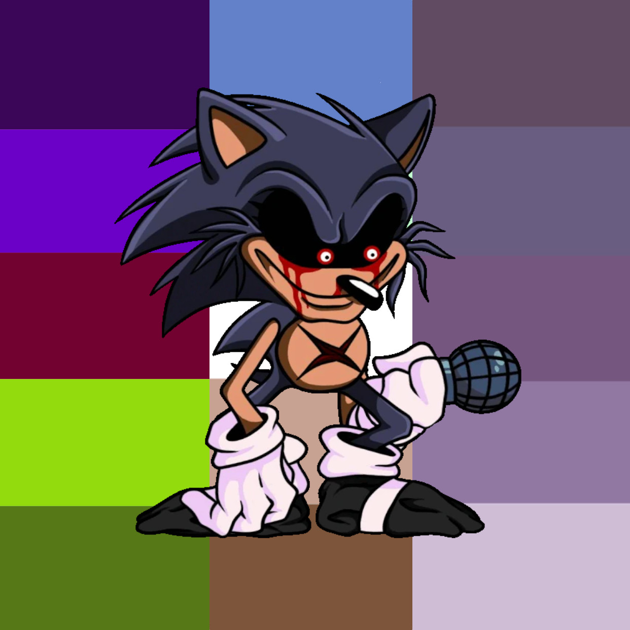 a picture containing lord x from sonic.exe and various fnf mods with three flags in the background. left flag is evil caregiver, middle is papa caregiver and right is eldritch caregiver.