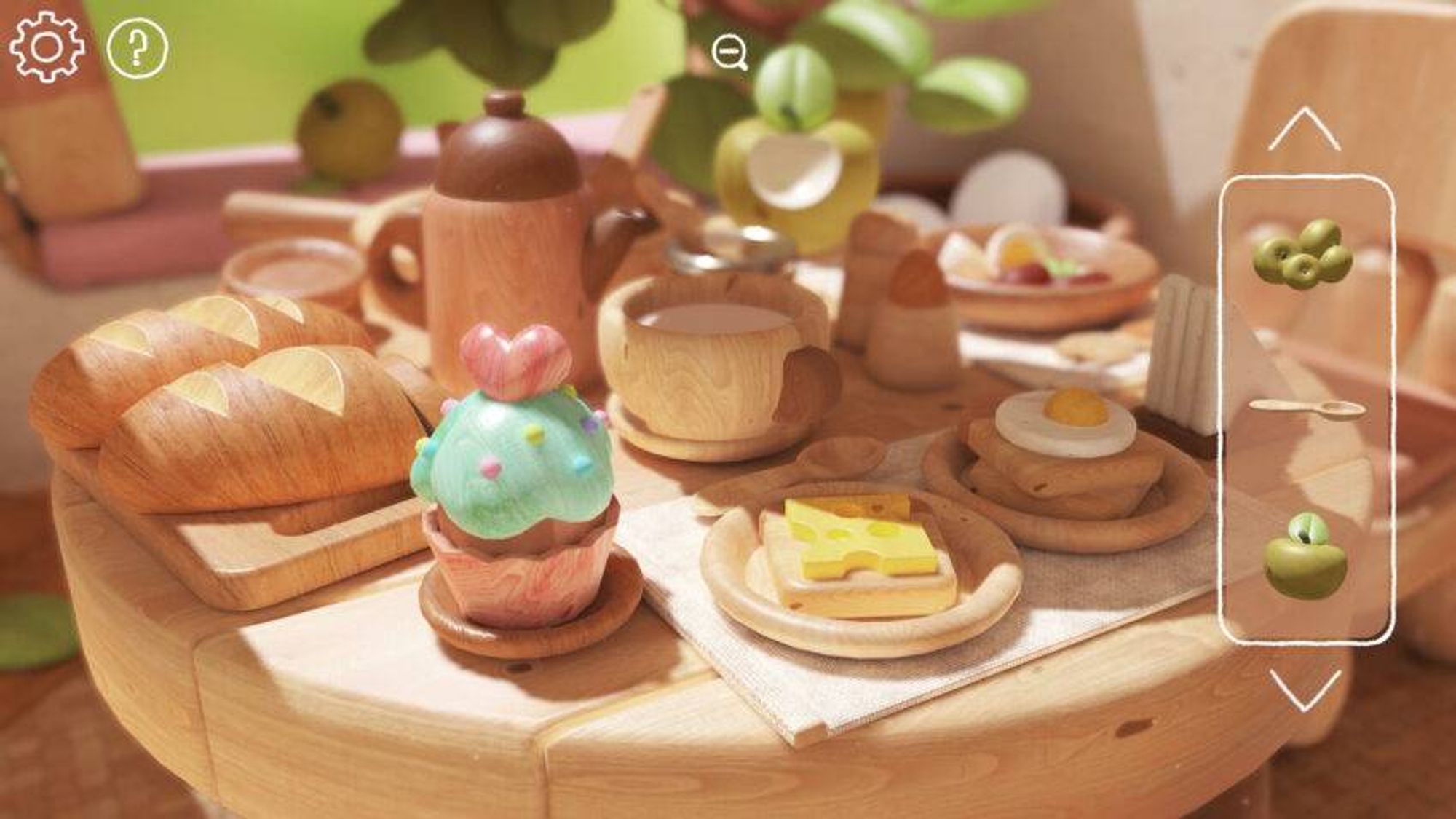 A table filled with wooden food-like objects.