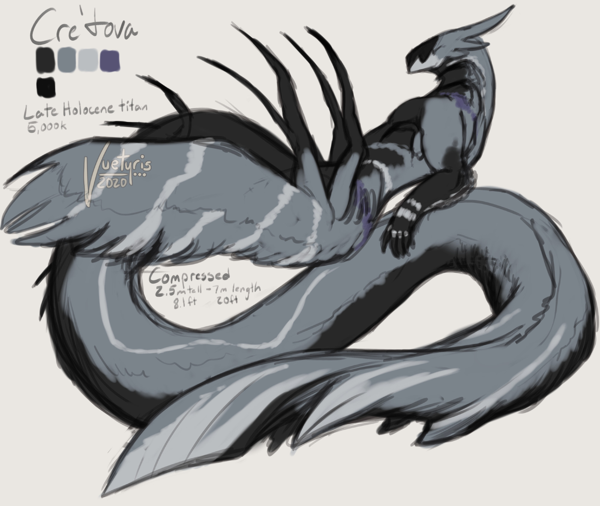 Another image of Cre'tova in their naga-like form where a humanoid body based off their innate form rests back upon their tail, their single-claw limbs and fins splayed out as smaller, buried clawed limbs peeks out from beneath their underside.