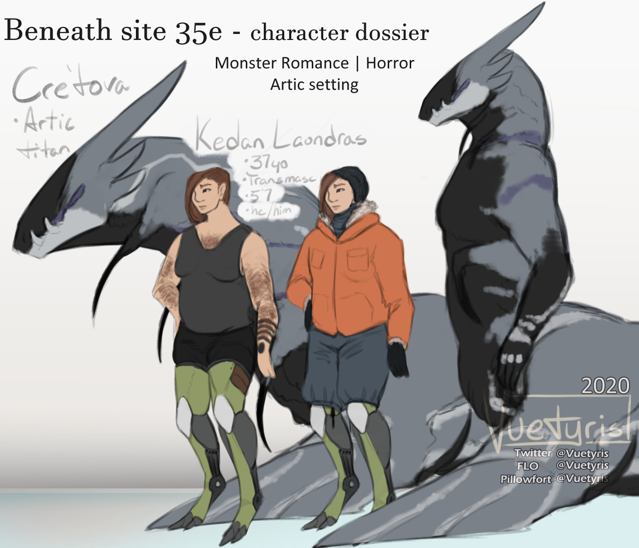 Beneath site 35e - character dossier. Monster Romance, Horror. Arctic setting. Cre'tova is an arctic titan with a head larger than a human torso, having an alternative form that gives them a humanoid torso above their large furry fins. Kedan Laundras is a 37 year old trans man tasked to research the titan, a double amputee with digitigrade prosthetics.