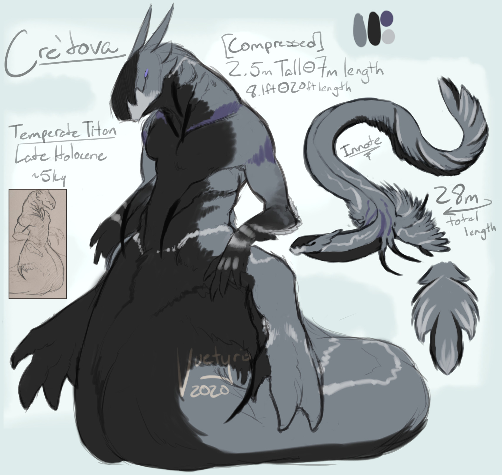 Primary design page: Cre'tova, Temperate Titan from the late holocene ~5ky. [Compressed] 2.5m tall, 7m length (8.1ft, 20ft length) [Innate] is 28m total length. Their naga-like form with the upper body of a human that shares similar qualities of their true innate form, different in that their arms are marked with white stripes and white spots upon their knuckles. Their innate form shares similar qualities of a whale, a seal, and an eel in that while they're long, its covered in dense grey and black fur with spots of purple and white. Expanded upon in the next image.