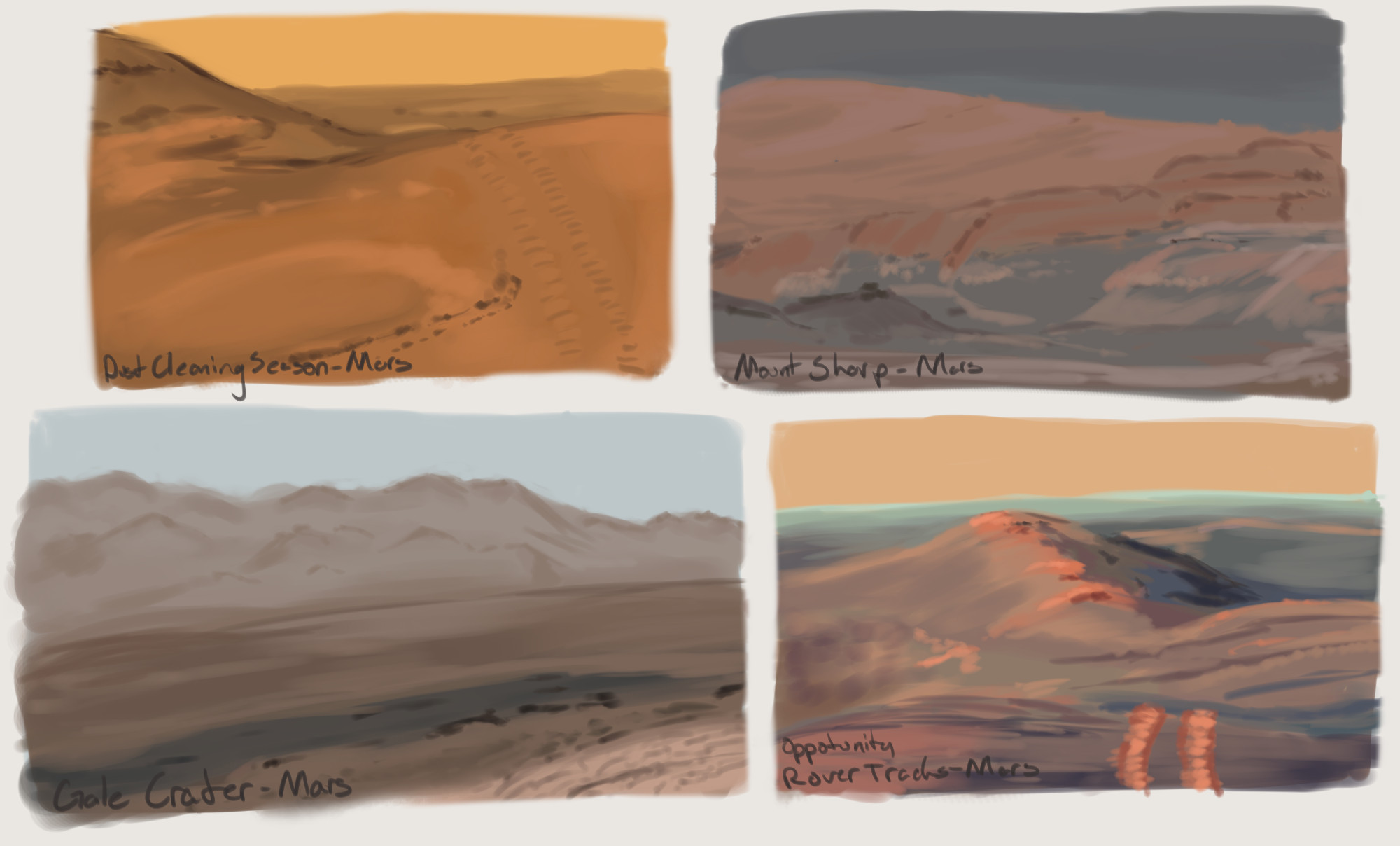 set of four drawing exercises, each depicting different areas on mars.
Dust Cleaning Season - amber sands on amber hills as a dull yellow sky lingers in the distance.
Mount Sharp - a deep hazy blue sky is broken by a dull brown mountain as further down it has eroded to greys.
Gale Crater - a hazy blue sky above dusty mountains, as closer to the view it breaks into deep greys and light tans.
Opportunity Rover Tracks - a yellow sky is edged by a cyan glow along the horizon, with the distance hailing soft blues beyond the bright mountain peaks warmed by a far distant sun.