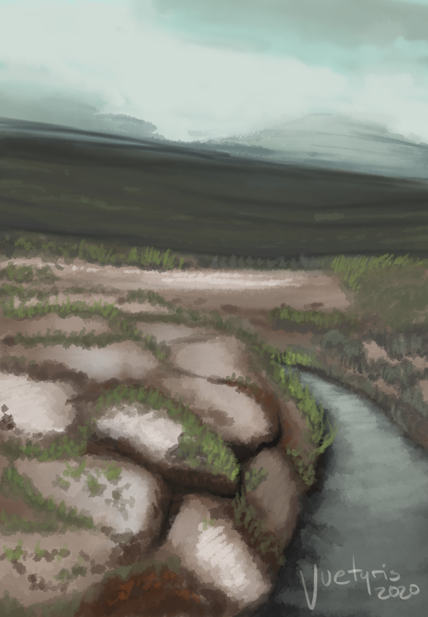 Painting of Storflaket, a permafrost peatbog border located in Abisko, Sweden. in the foreground is stream bordered by cracked peat and small sparse vegetation. In the distance fog covers a mountain.